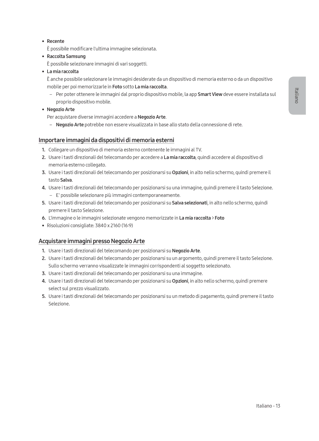 Samsung UE55LS003AUXZT manual Importare immagini da dispositivi di memoria esterni, Acquistare immagini presso Negozio Arte 