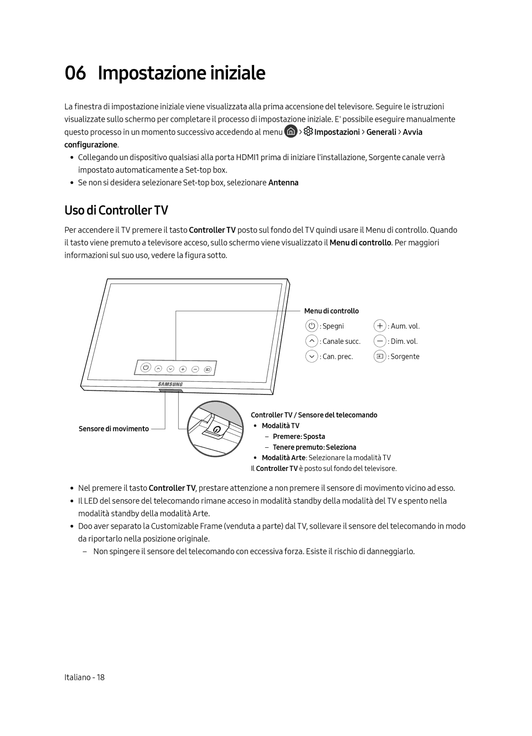 Samsung UE65LS003AUXZT, UE55LS003AUXZT manual Impostazione iniziale, Uso di Controller TV 