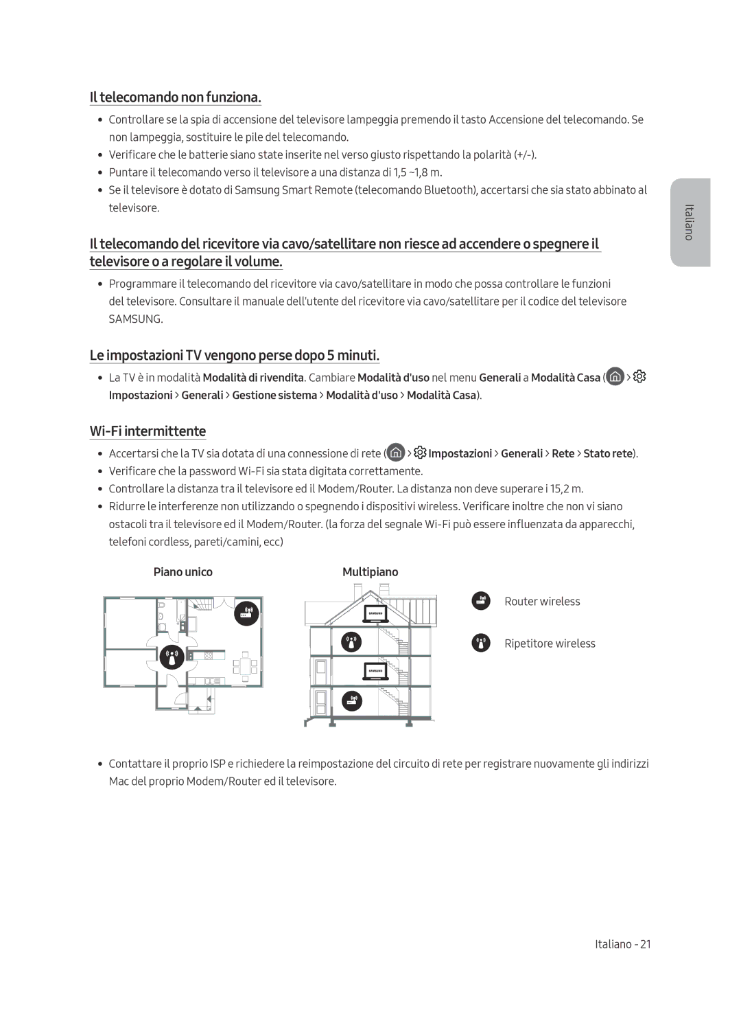 Samsung UE55LS003AUXZT Il telecomando non funziona, Le impostazioni TV vengono perse dopo 5 minuti, Wi-Fi intermittente 