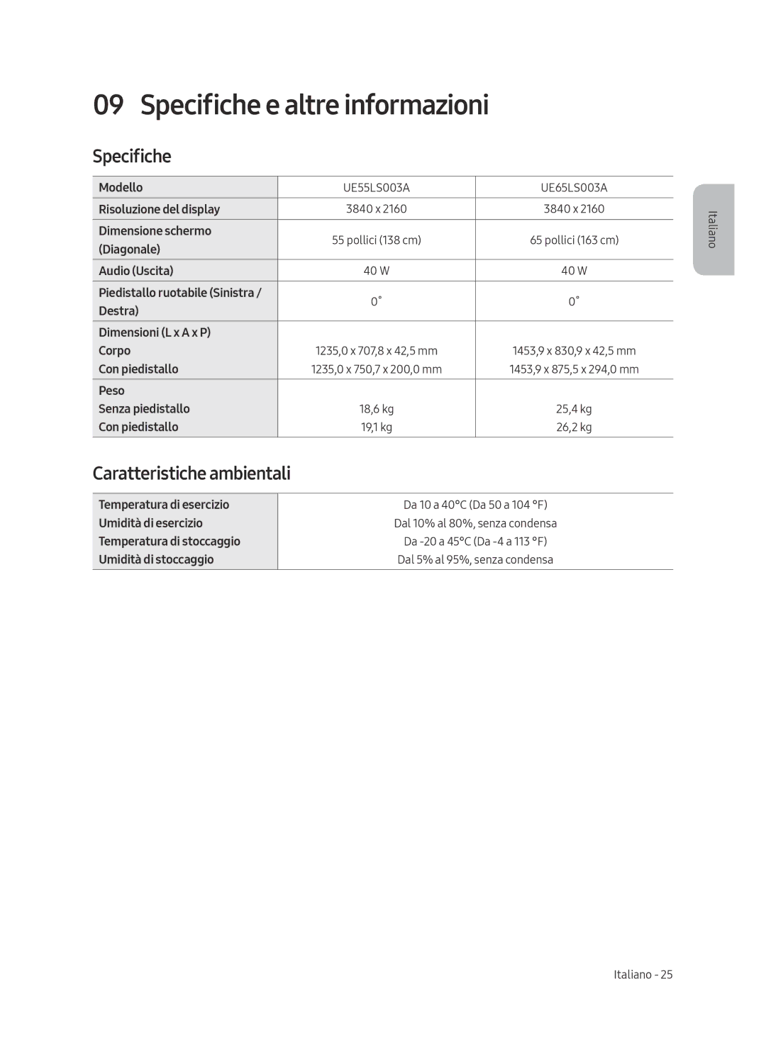 Samsung UE55LS003AUXZT, UE65LS003AUXZT manual Specifiche e altre informazioni, Caratteristiche ambientali 