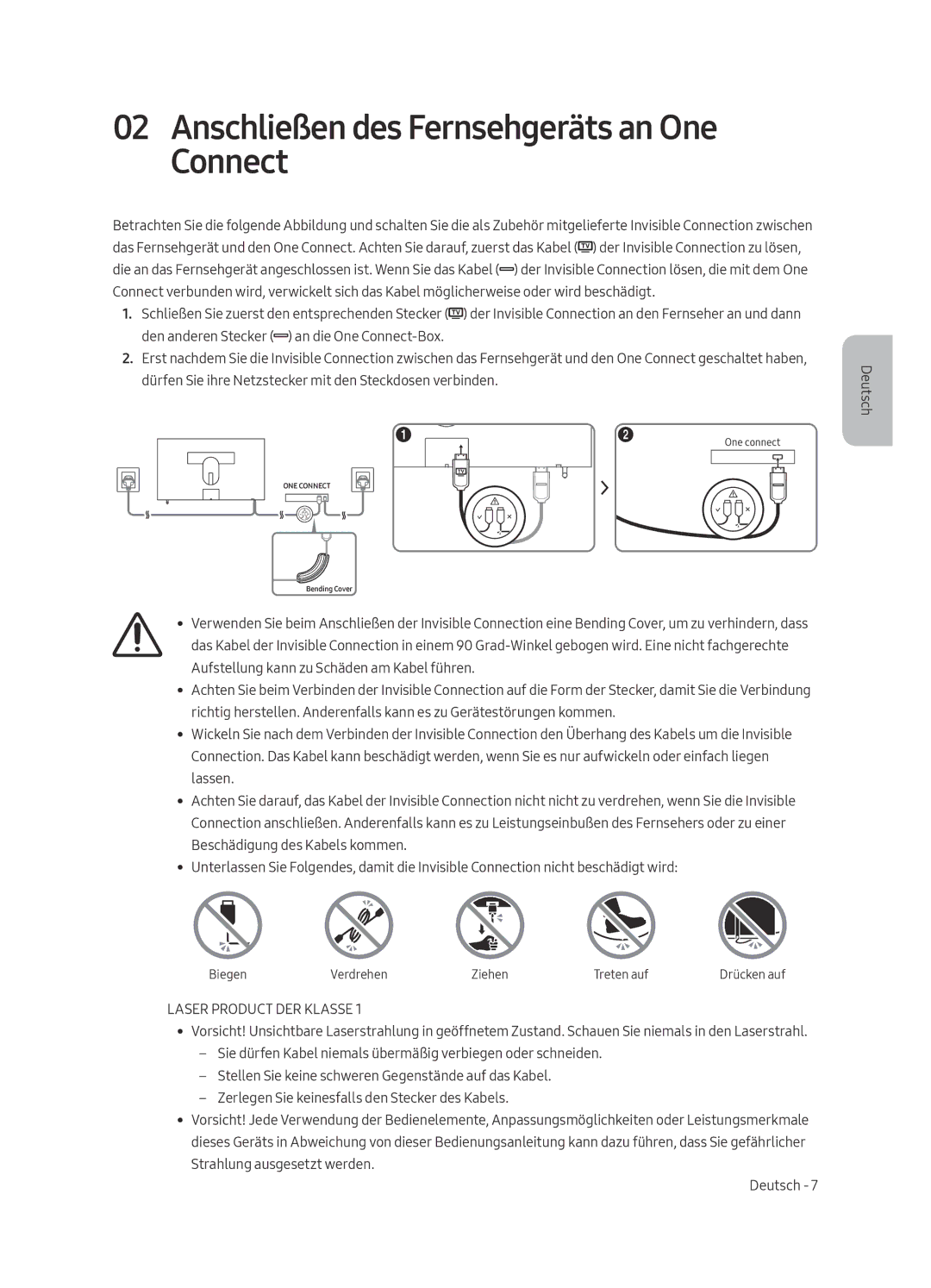 Samsung UE55LS003AUXZT, UE65LS003AUXZT manual Anschließen des Fernsehgeräts an One Connect, Laser Product DER Klasse 