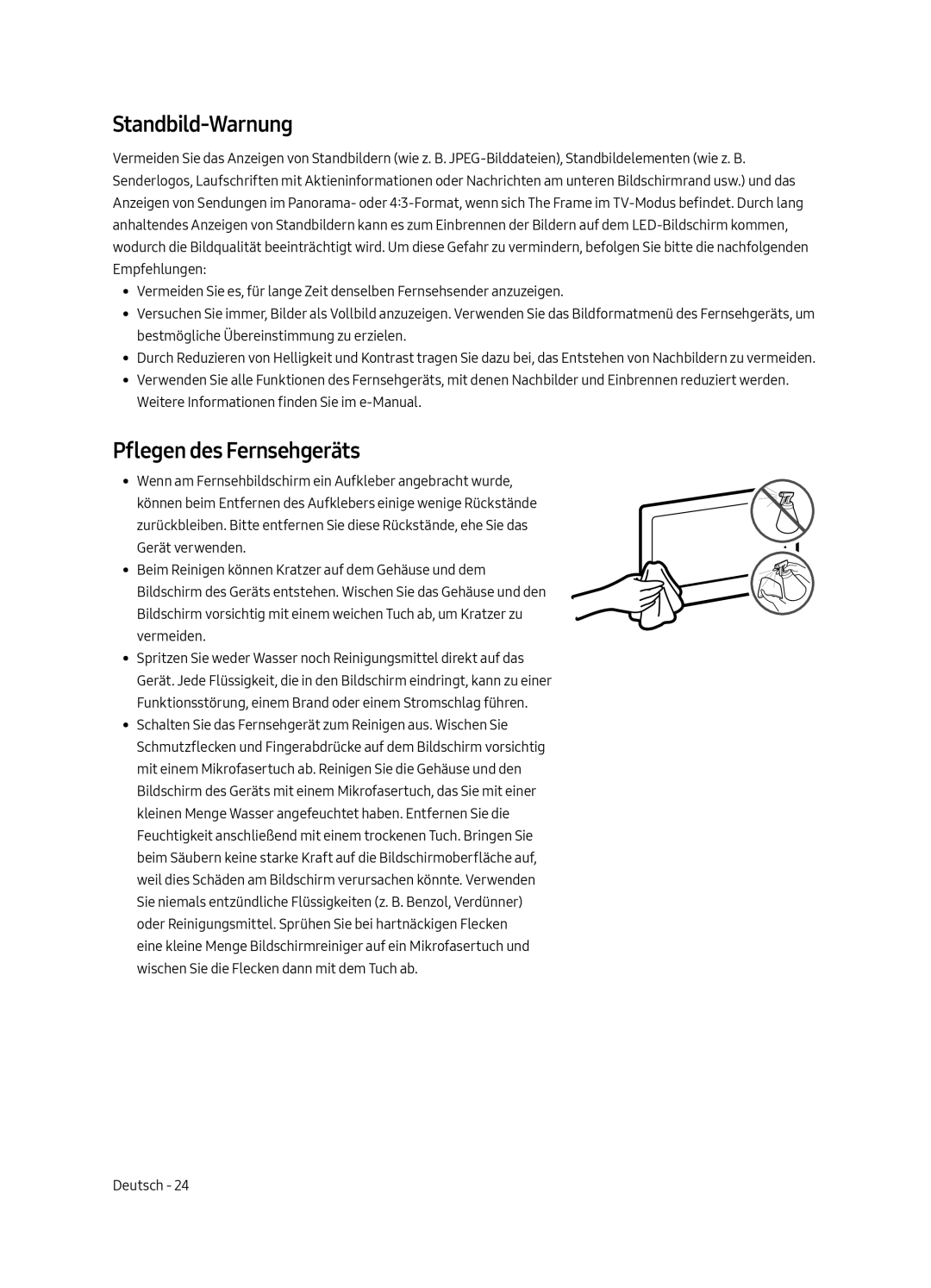 Samsung UE65LS003AUXZT, UE55LS003AUXZT manual Standbild-Warnung, Pflegen des Fernsehgeräts 