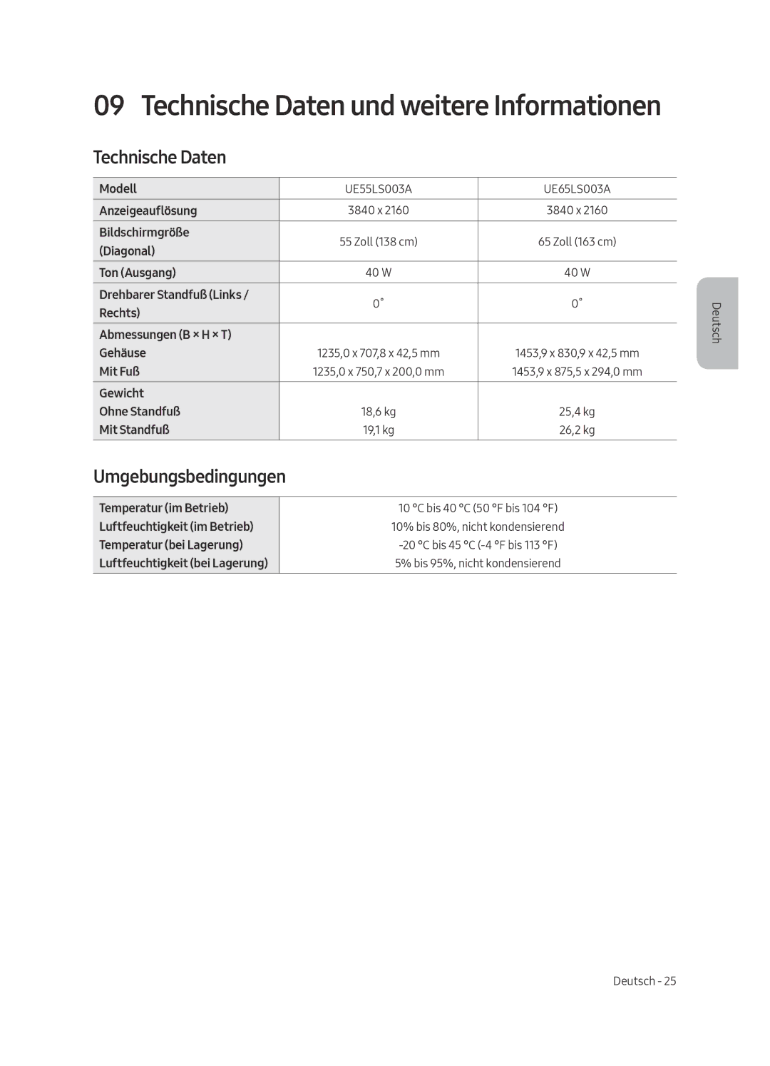 Samsung UE55LS003AUXZT, UE65LS003AUXZT manual Technische Daten, Umgebungsbedingungen 