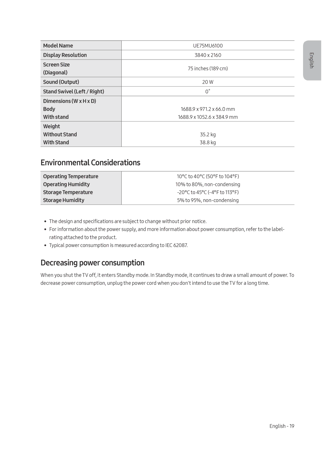 Samsung UE49MU6100KXZT, UE65MU6100KXZT, UE40MU6100KXZT manual Environmental Considerations, Decreasing power consumption 