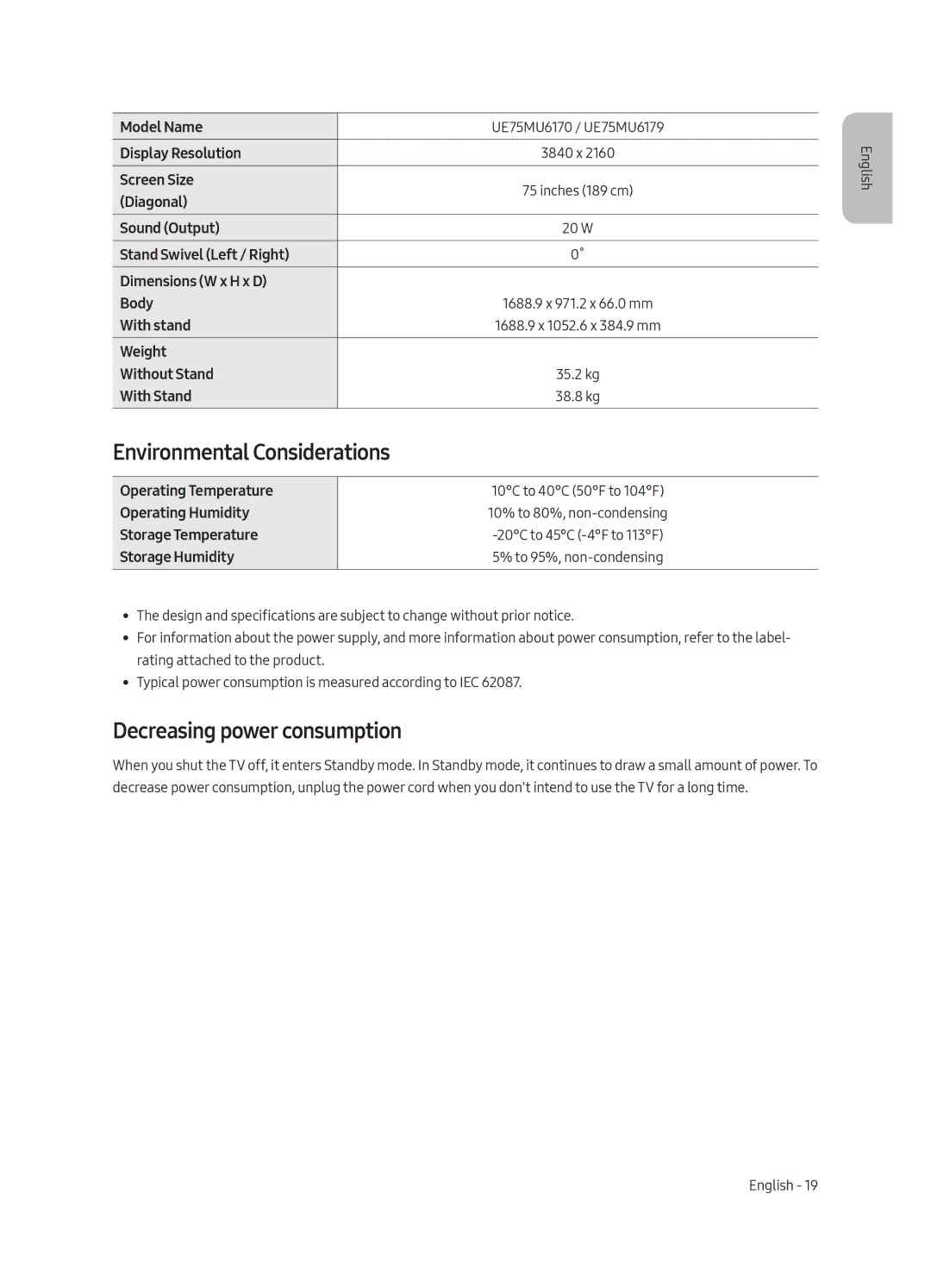 Samsung UE43MU6179UXZG, UE65MU6179UXZG, UE50MU6179UXZG manual Environmental Considerations, Decreasing power consumption 