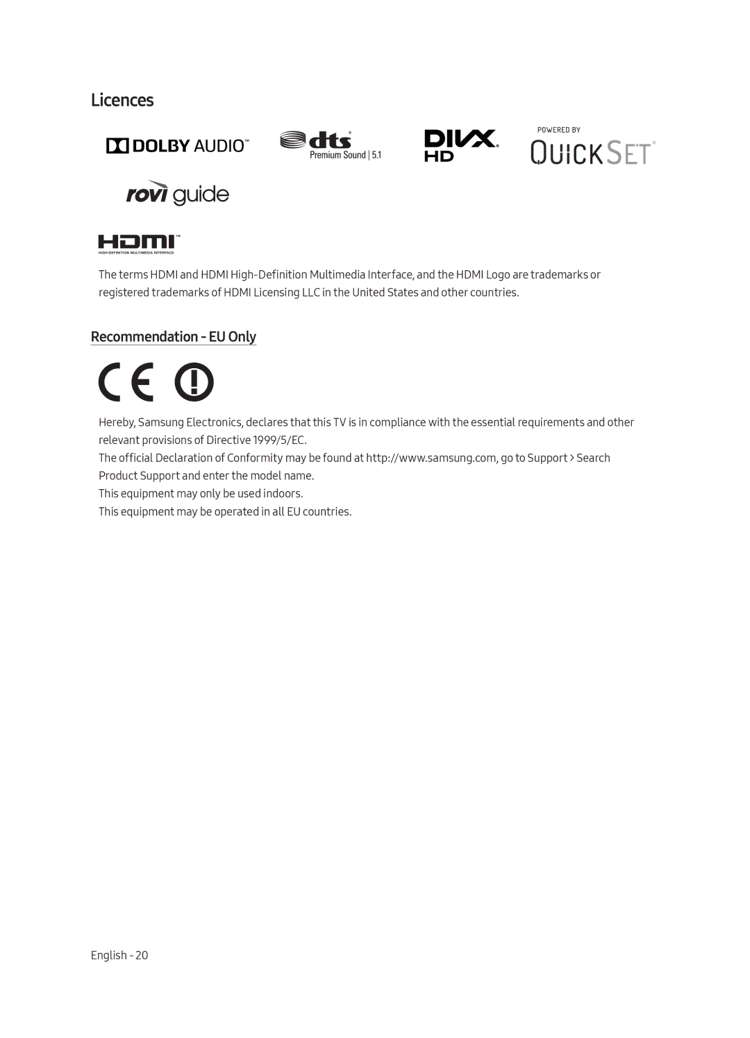 Samsung UE40MU6179UXZG, UE65MU6179UXZG, UE50MU6179UXZG, UE49MU6179UXZG, UE75MU6179UXZG manual Licences, Recommendation EU Only 