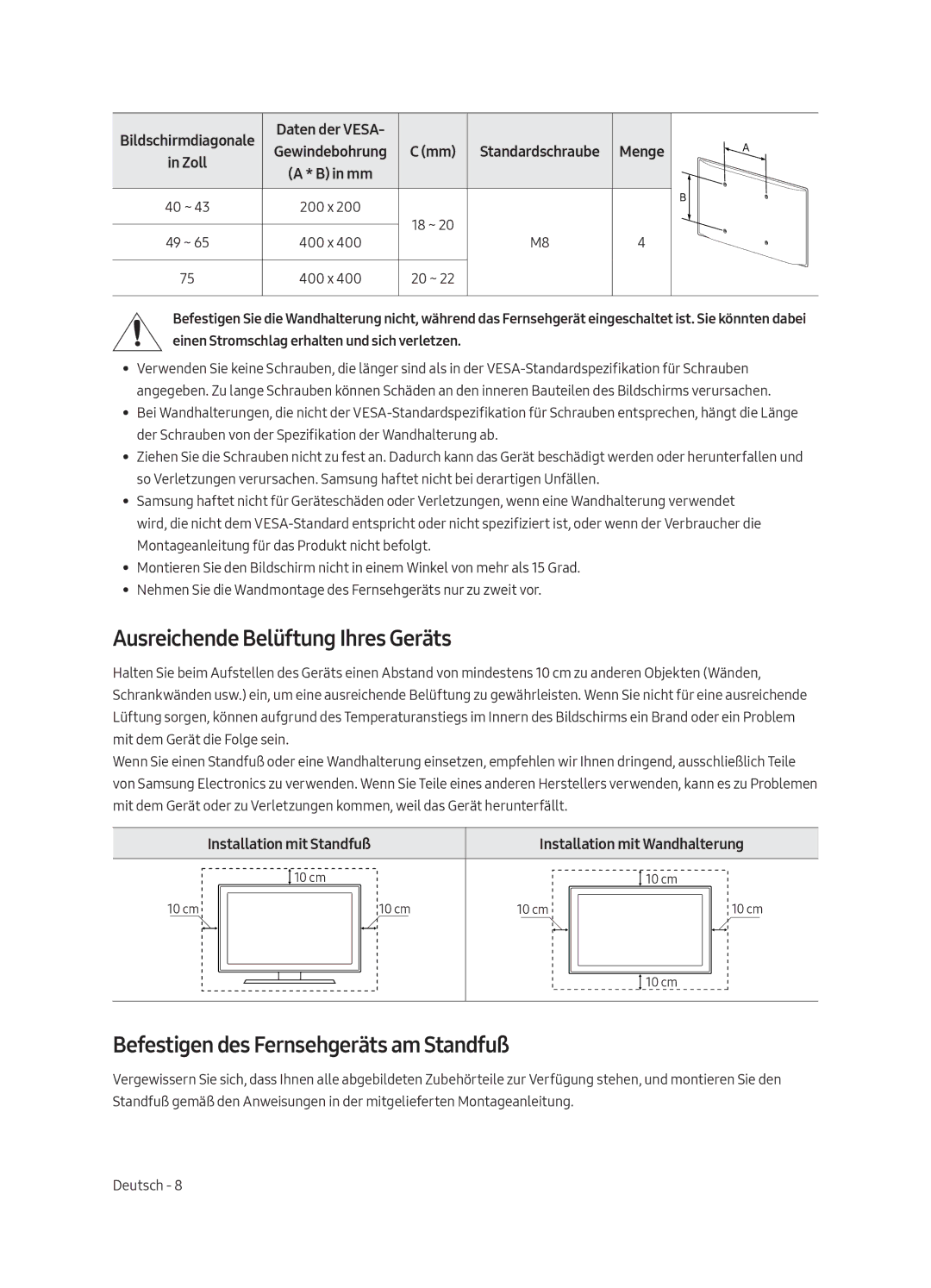 Samsung UE65MU6179UXZG manual Ausreichende Belüftung Ihres Geräts, Befestigen des Fernsehgeräts am Standfuß, Daten der Vesa 