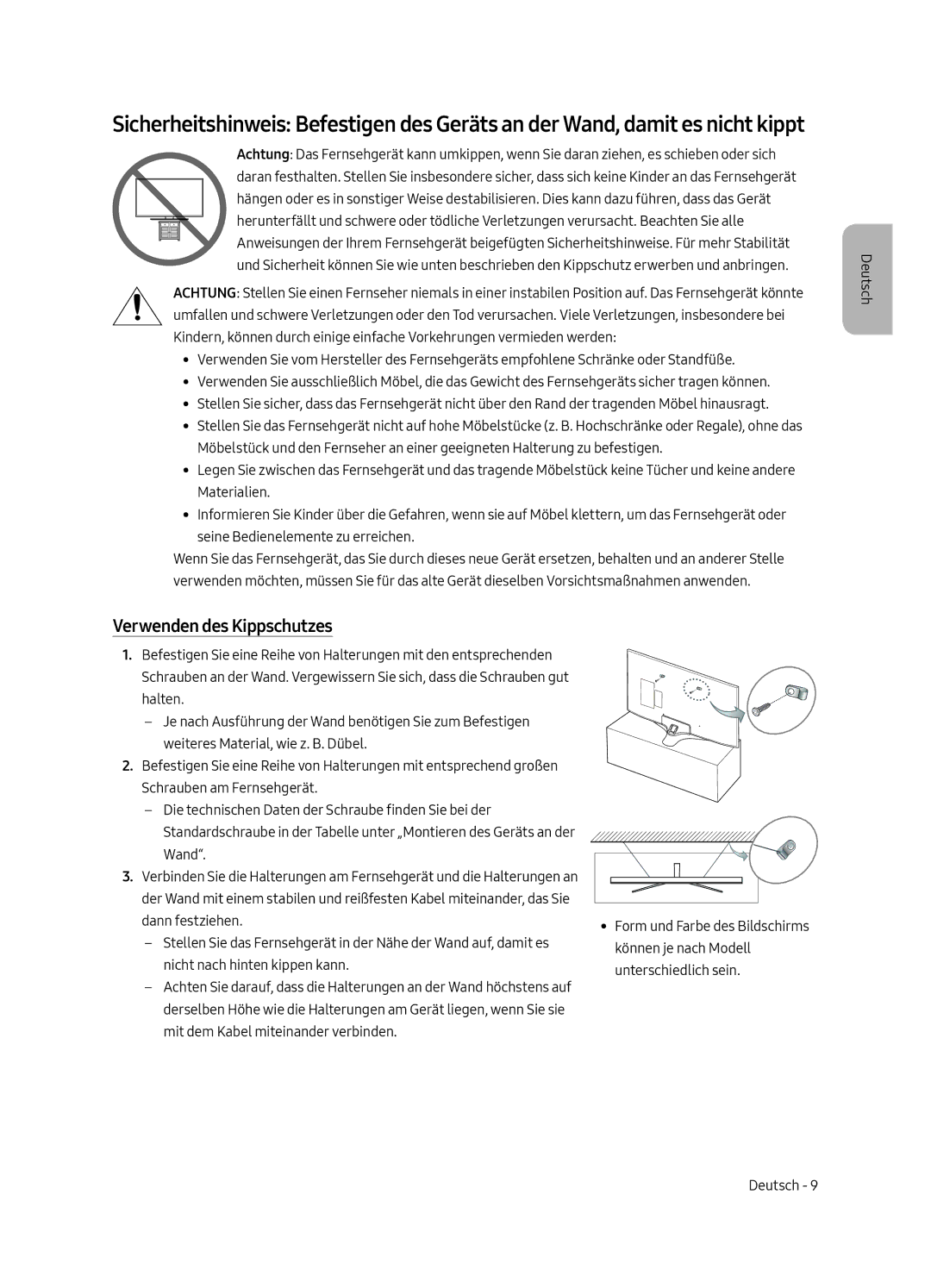 Samsung UE50MU6179UXZG, UE65MU6179UXZG, UE49MU6179UXZG, UE75MU6179UXZG, UE55MU6179UXZG manual Verwenden des Kippschutzes 