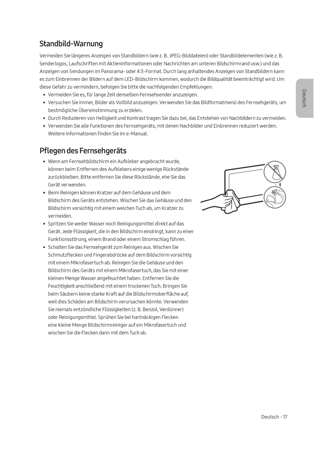 Samsung UE50MU6170UXZG, UE65MU6179UXZG, UE50MU6179UXZG, UE49MU6179UXZG manual Standbild-Warnung, Pflegen des Fernsehgeräts 