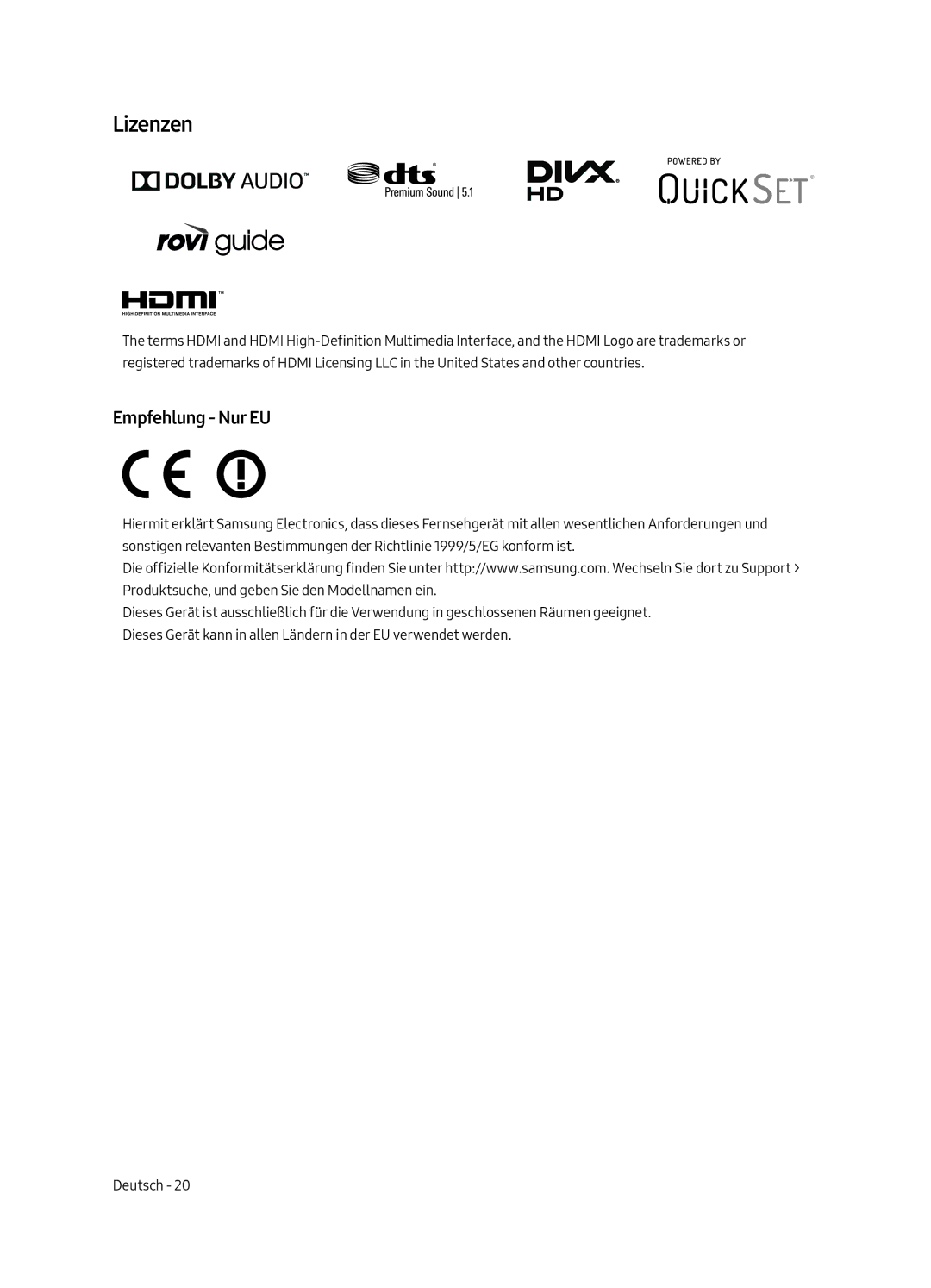 Samsung UE49MU6170UXZG, UE65MU6179UXZG, UE50MU6179UXZG, UE49MU6179UXZG, UE75MU6179UXZG manual Lizenzen, Empfehlung Nur EU 