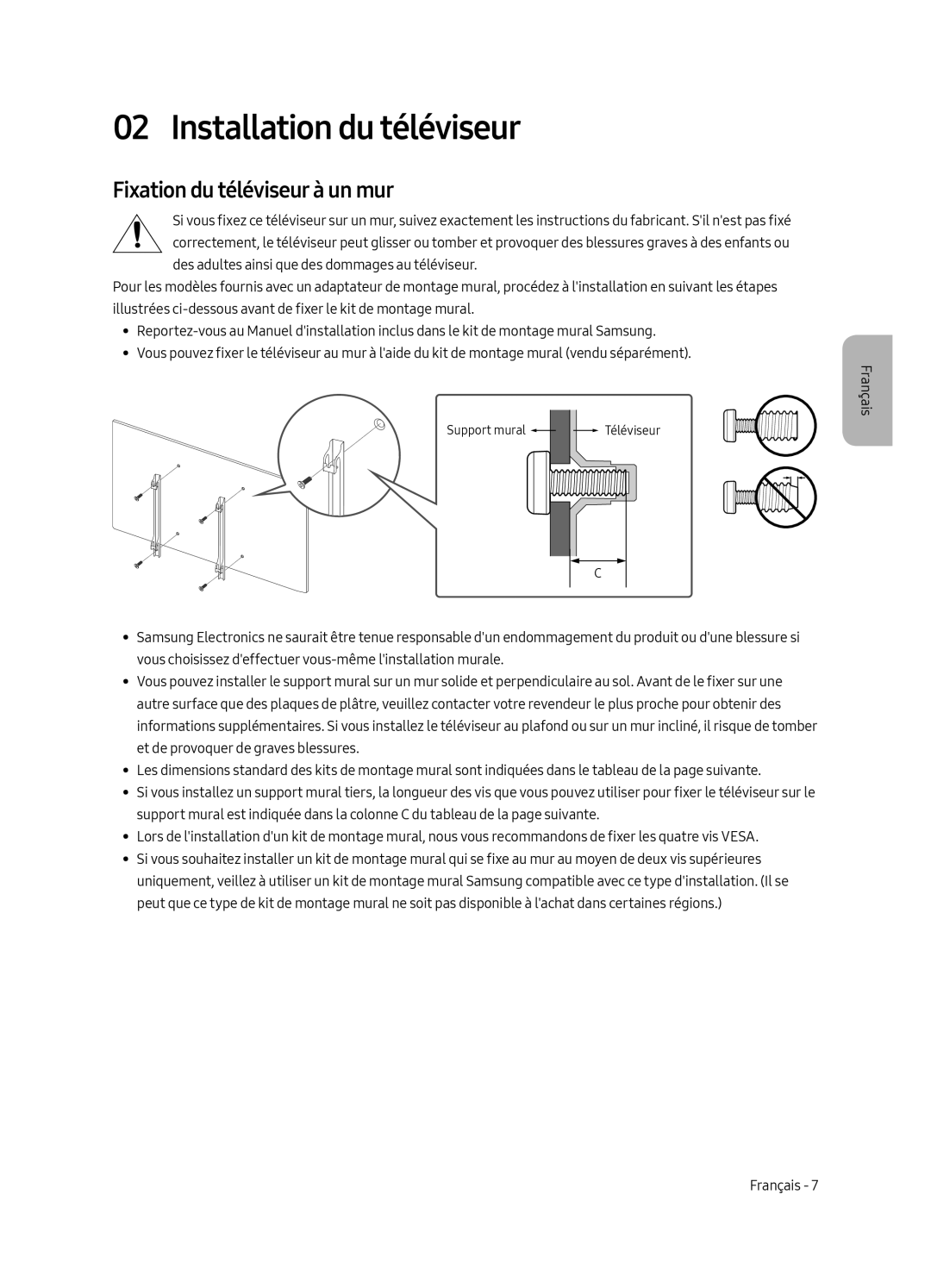 Samsung UE43MU6179UXZG, UE65MU6179UXZG, UE50MU6179UXZG manual Installation du téléviseur, Fixation du téléviseur à un mur 