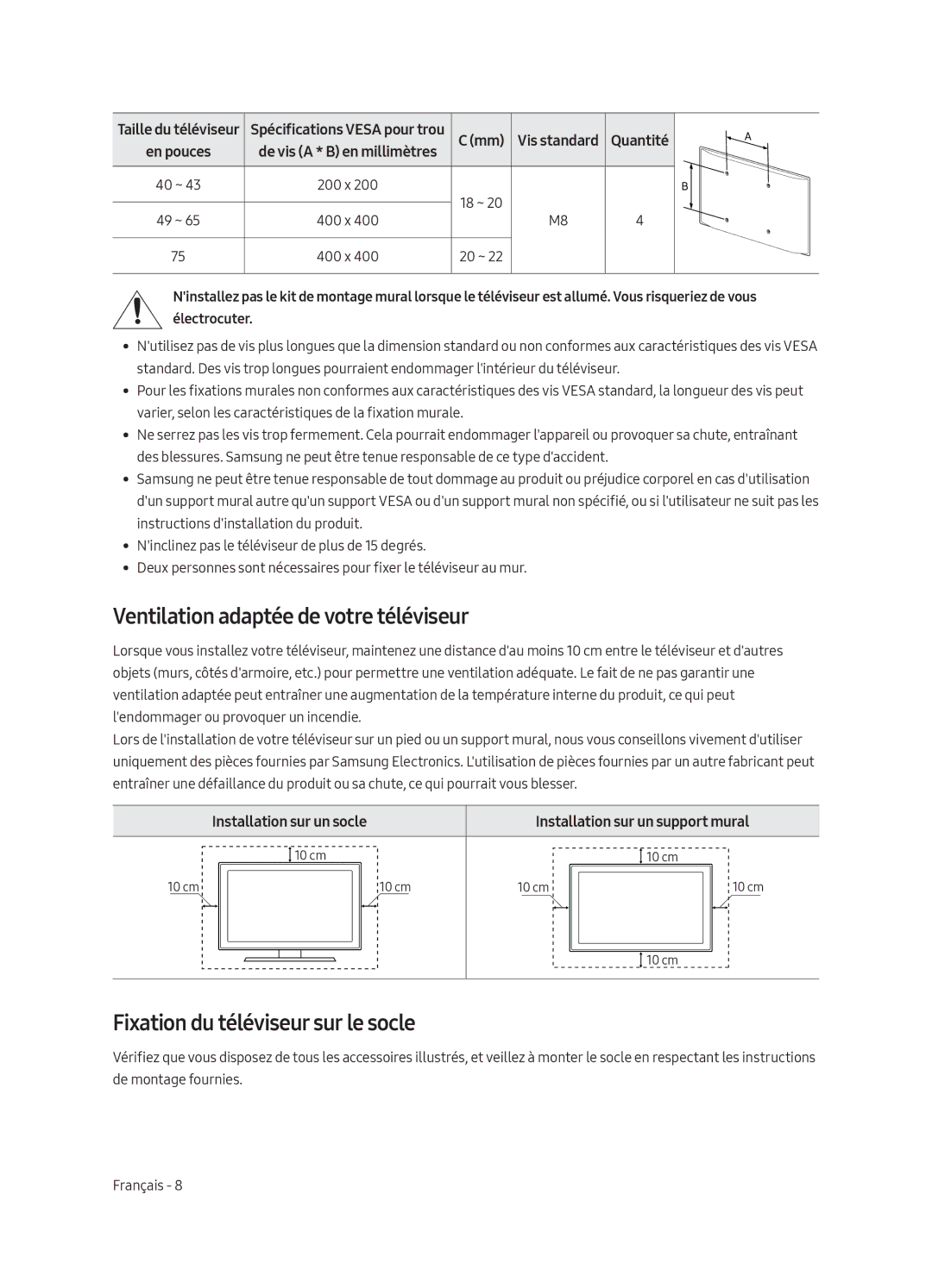 Samsung UE40MU6179UXZG, UE65MU6179UXZG manual Ventilation adaptée de votre téléviseur, Fixation du téléviseur sur le socle 