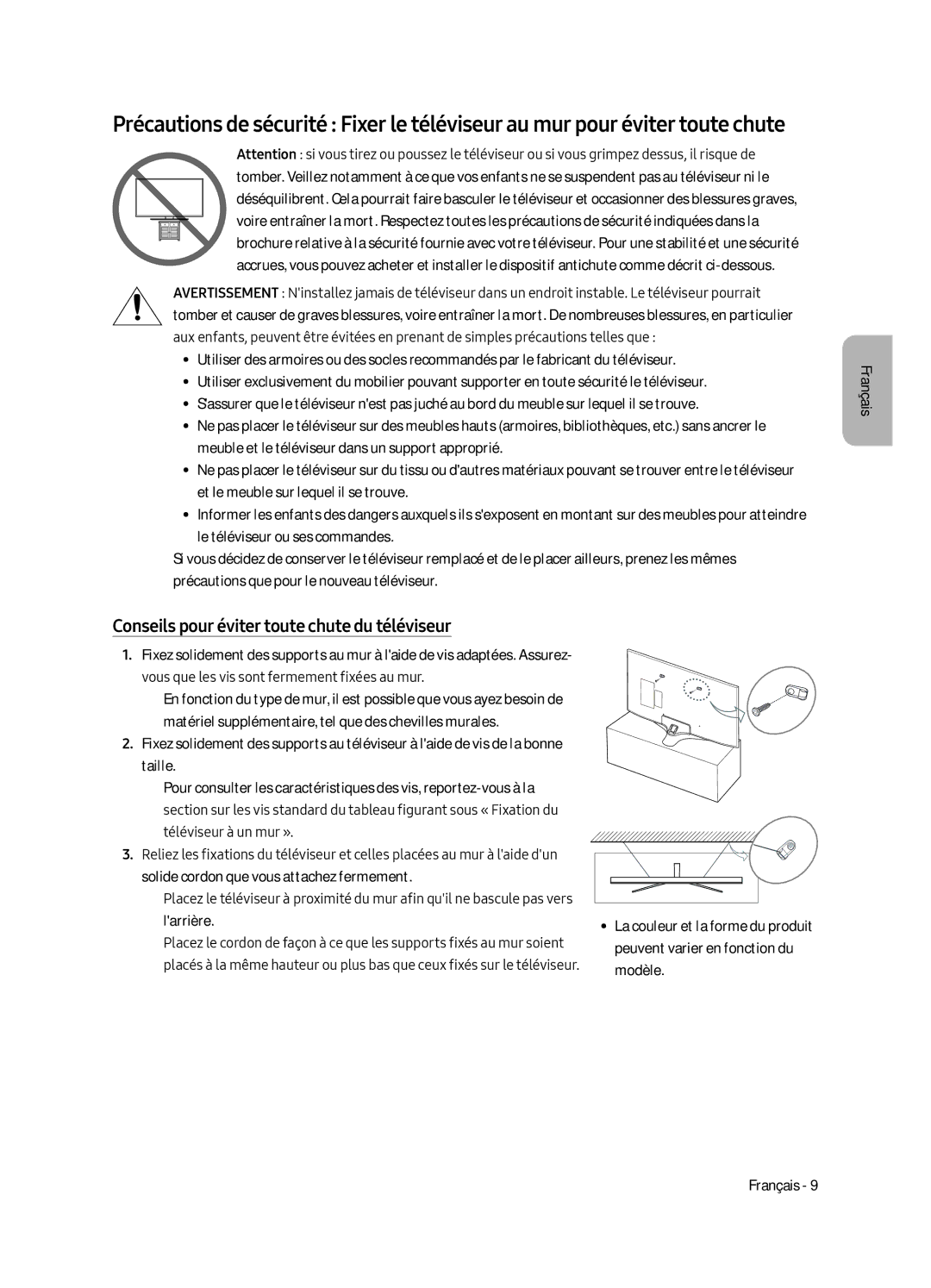 Samsung UE43MU6170UXZG, UE65MU6179UXZG, UE50MU6179UXZG, UE49MU6179UXZG manual Conseils pour éviter toute chute du téléviseur 