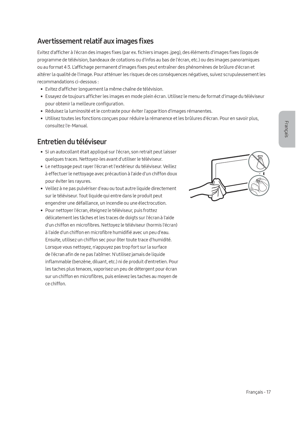 Samsung UE50MU6179UXZG, UE65MU6179UXZG, UE49MU6179UXZG manual Avertissement relatif aux images fixes, Entretien du téléviseur 