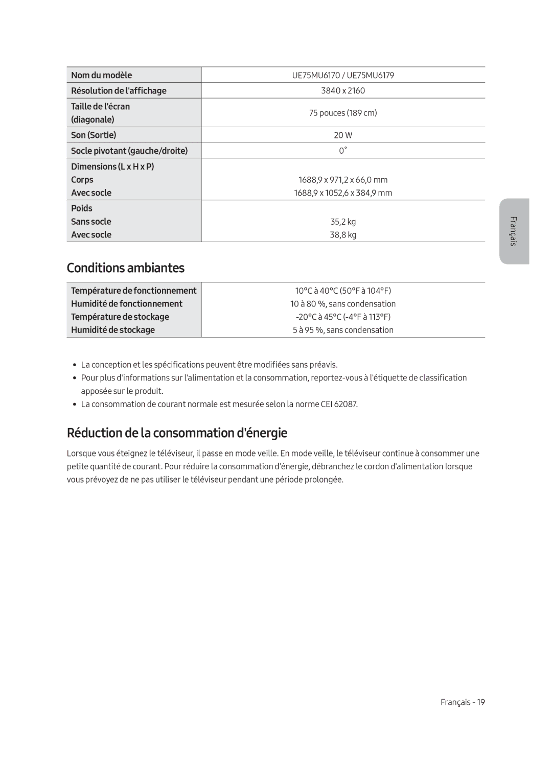 Samsung UE75MU6179UXZG manual Conditions ambiantes, Réduction de la consommation dénergie, Humidité de fonctionnement 