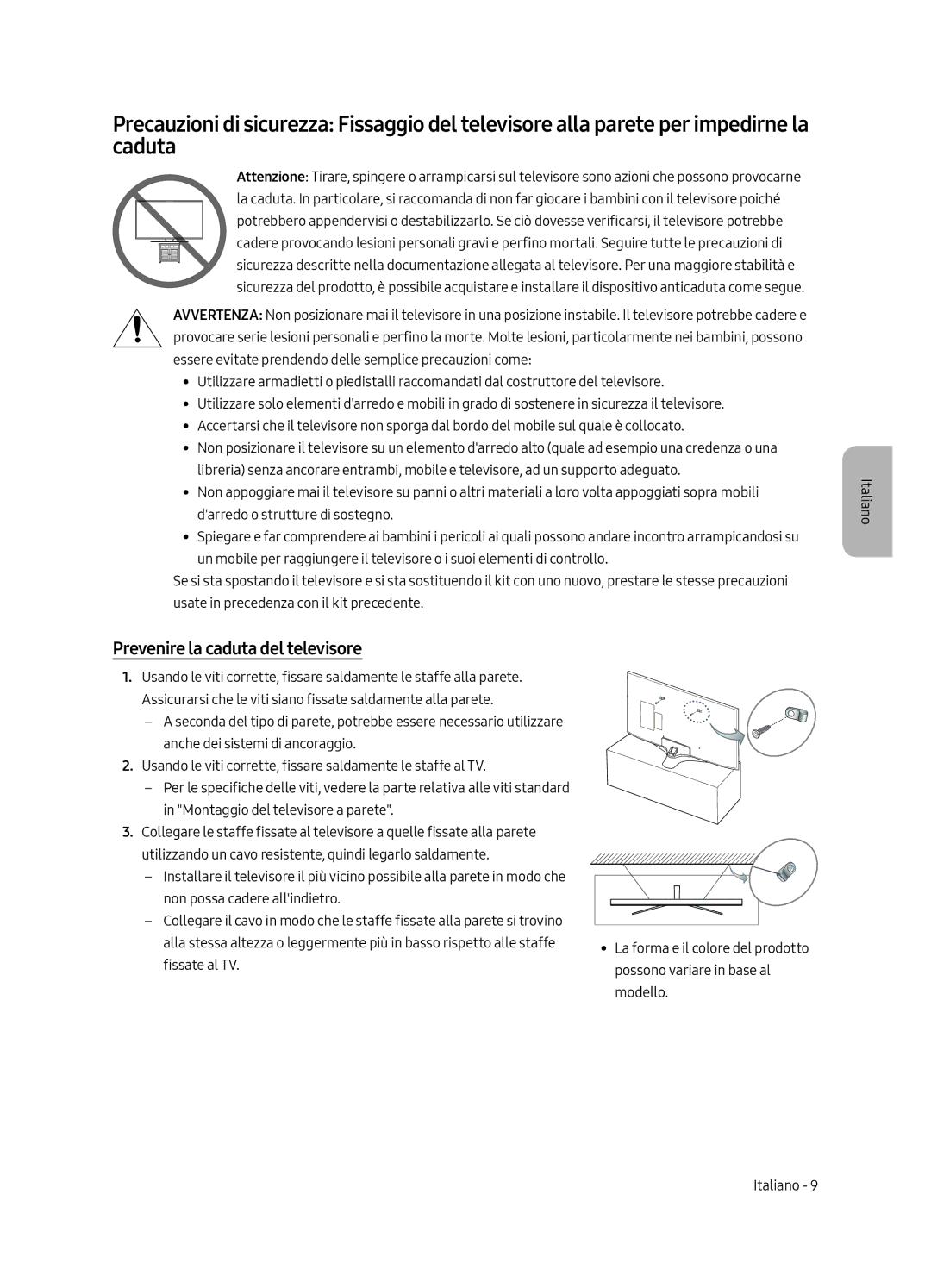 Samsung UE65MU6170UXZG, UE65MU6179UXZG, UE50MU6179UXZG, UE49MU6179UXZG, UE75MU6179UXZG Prevenire la caduta del televisore 