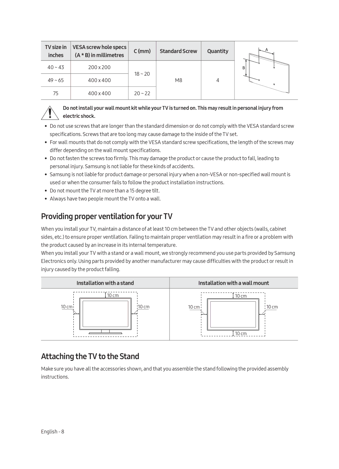 Samsung UE55MU6170UXZG, UE65MU6179UXZG manual Providing proper ventilation for your TV, Attaching the TV to the Stand 