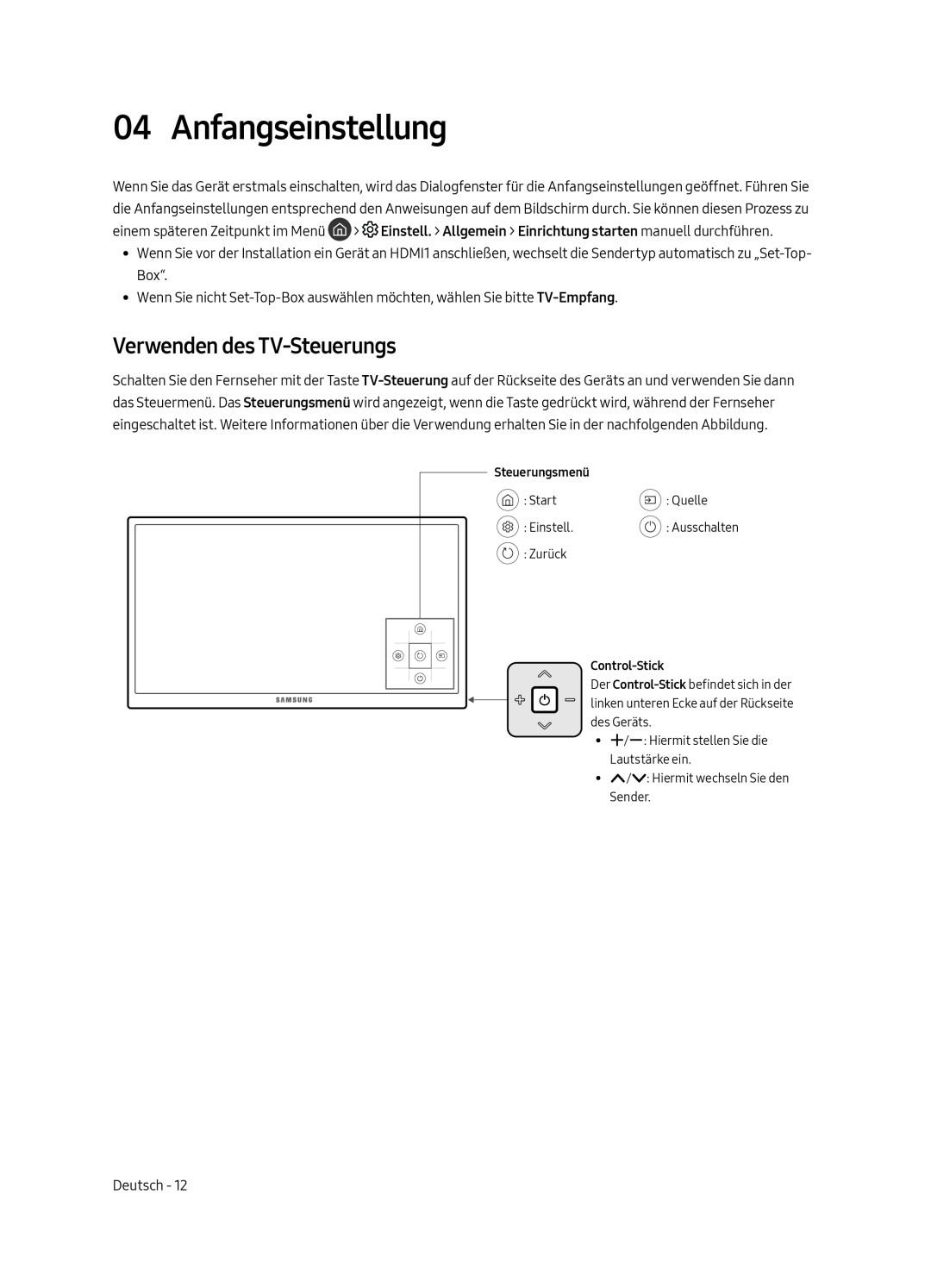 Samsung UE55MU6179UXZG, UE65MU6179UXZG, UE50MU6179UXZG, UE49MU6179UXZG manual Anfangseinstellung, Verwenden des TV-Steuerungs 