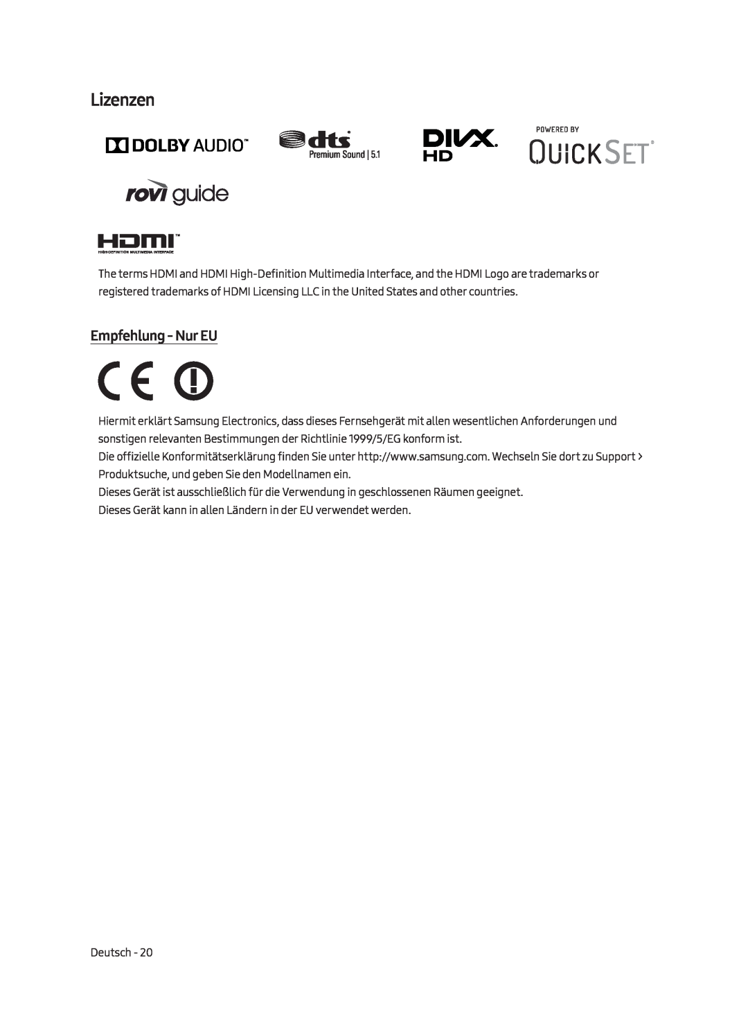 Samsung UE49MU6170UXZG, UE65MU6179UXZG, UE50MU6179UXZG, UE49MU6179UXZG, UE75MU6179UXZG manual Lizenzen, Empfehlung - Nur EU 