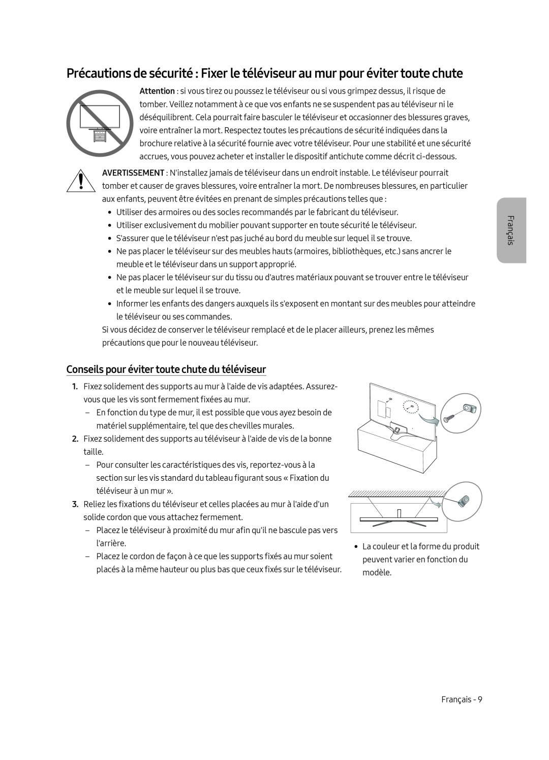 Samsung UE43MU6170UXZG, UE65MU6179UXZG, UE50MU6179UXZG, UE49MU6179UXZG manual Conseils pour éviter toute chute du téléviseur 