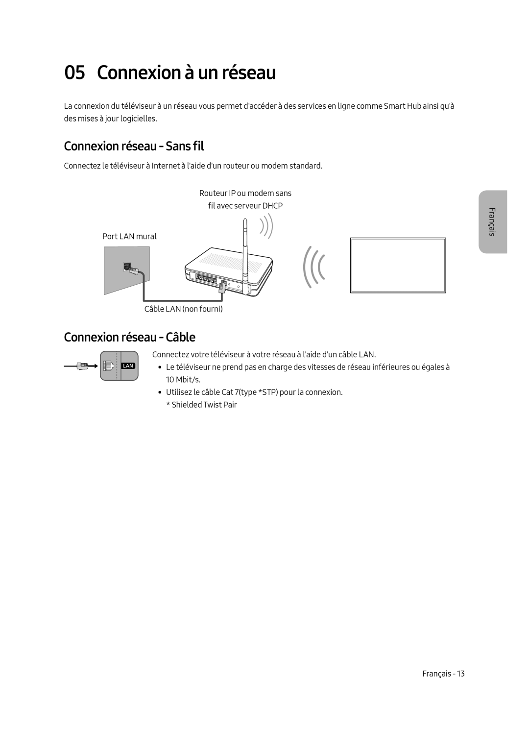 Samsung UE75MU6170UXZG, UE65MU6179UXZG manual Connexion à un réseau, Connexion réseau - Sans fil, Connexion réseau - Câble 