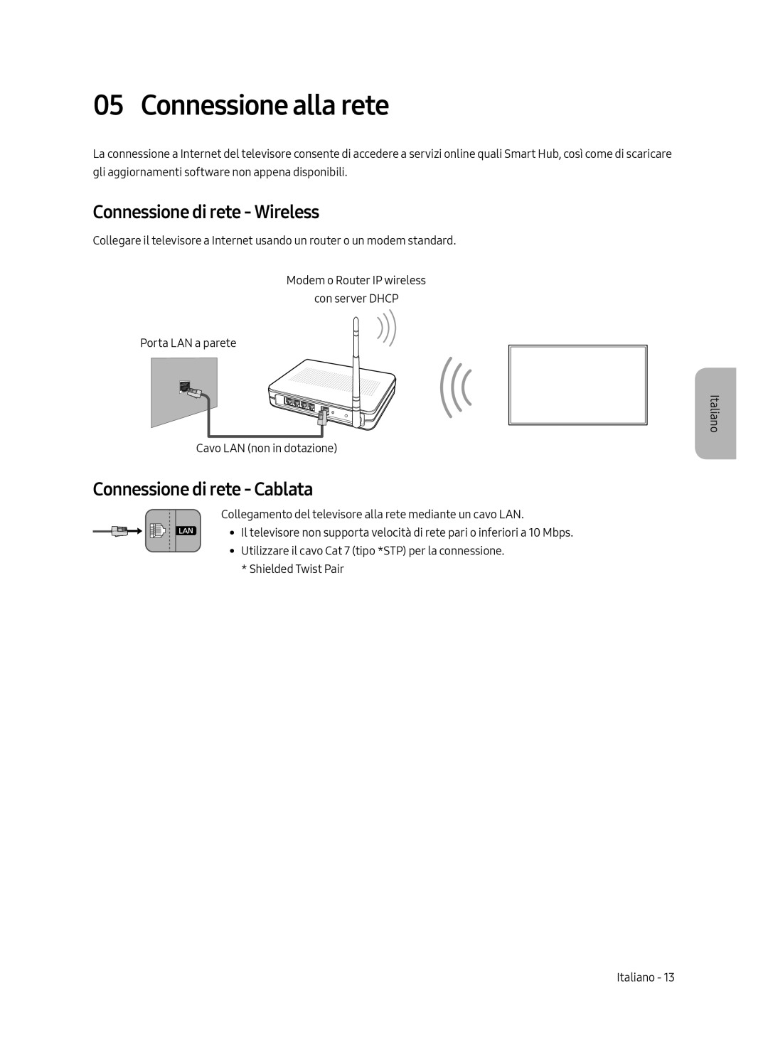 Samsung UE75MU6179UXZG manual Connessione alla rete, Connessione di rete - Wireless, Connessione di rete - Cablata 