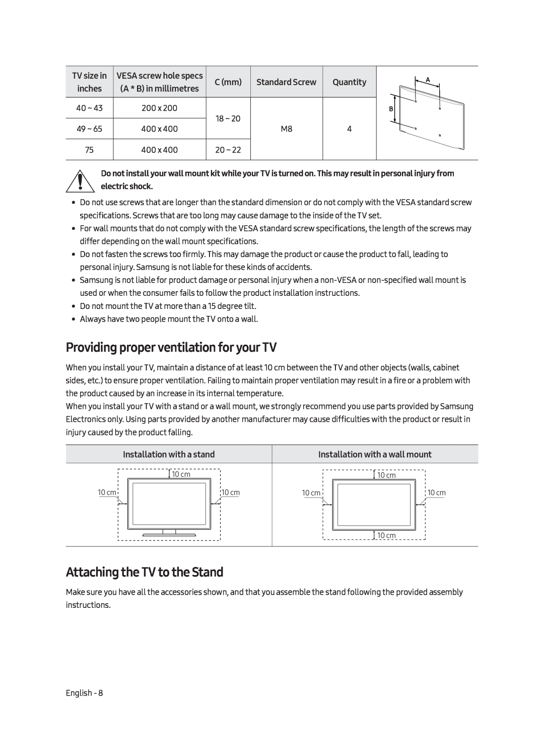 Samsung UE55MU6170UXZG manual Providing proper ventilation for your TV, Attaching the TV to the Stand, C mm, Quantity 