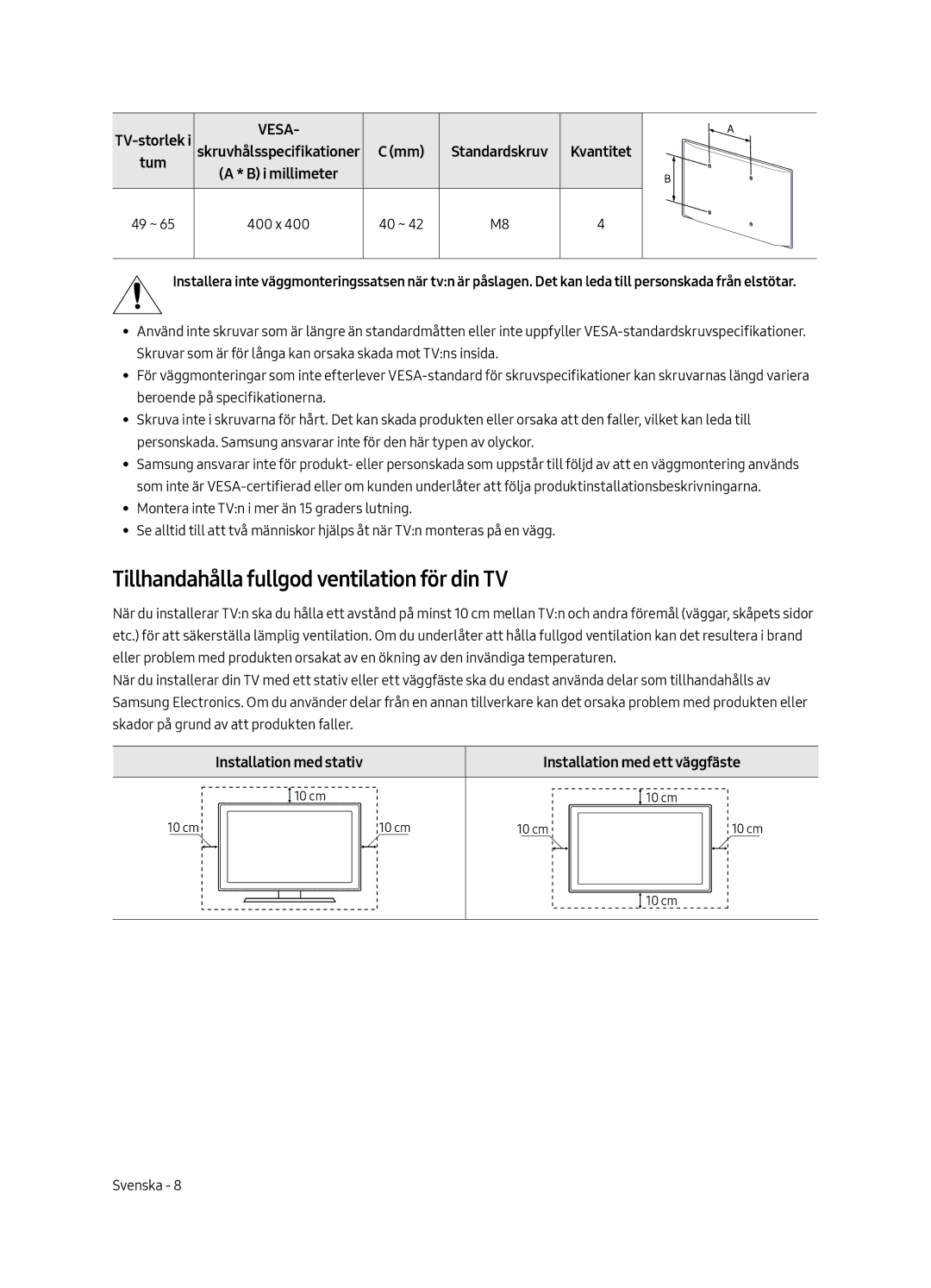 Samsung UE65MU6225KXXC, UE55MU6225KXXC, UE49MU6225KXXC manual Tillhandahålla fullgod ventilation för din TV, Kvantitet 