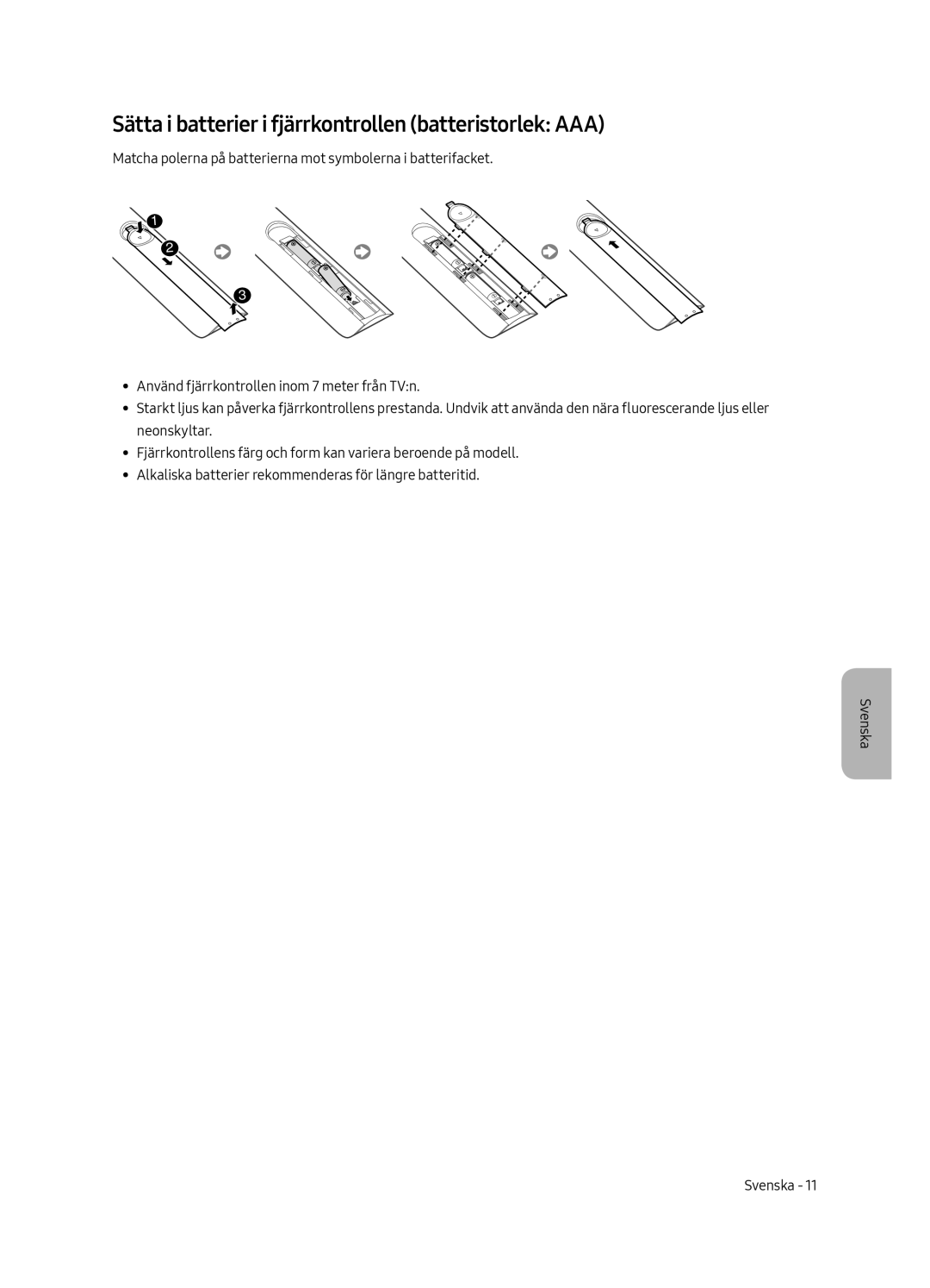 Samsung UE65MU6225KXXC, UE55MU6225KXXC, UE49MU6225KXXC manual Sätta i batterier i fjärrkontrollen batteristorlek AAA 