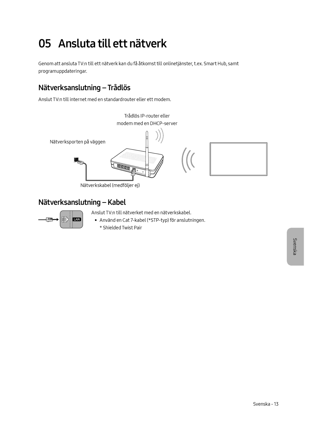 Samsung UE49MU6225KXXC, UE65MU6225KXXC manual Ansluta till ett nätverk, Nätverksanslutning Trådlös, Nätverksanslutning Kabel 