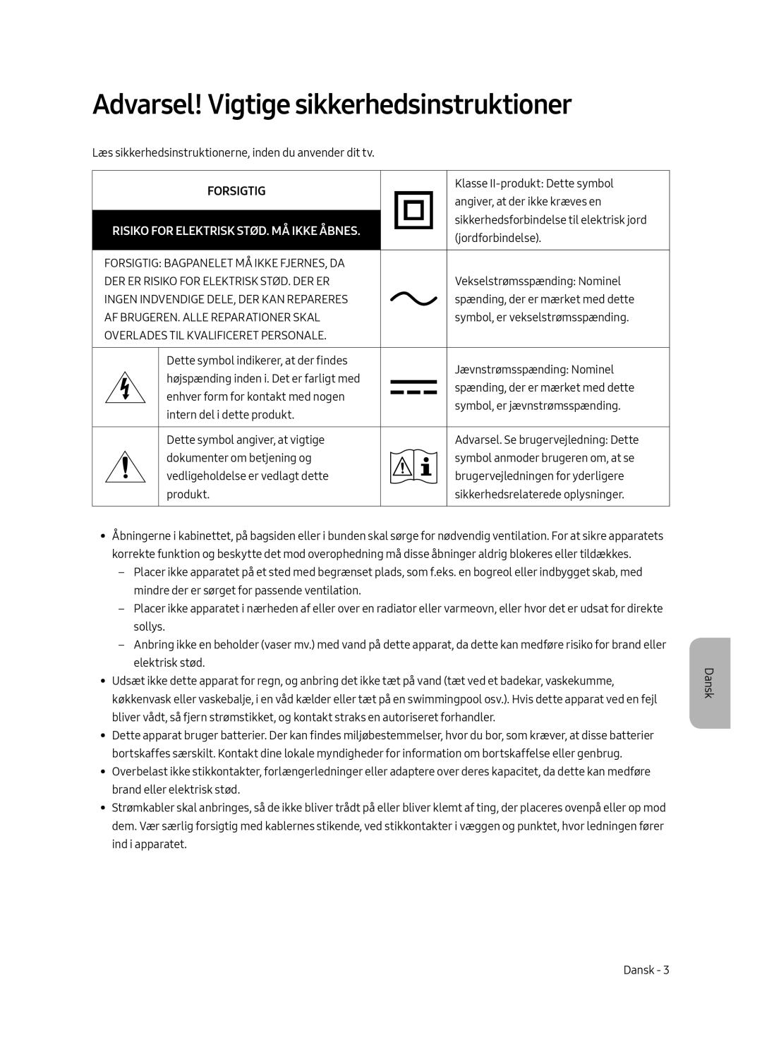 Samsung UE65MU6225KXXC, UE55MU6225KXXC, UE49MU6225KXXC manual Forsigtig 