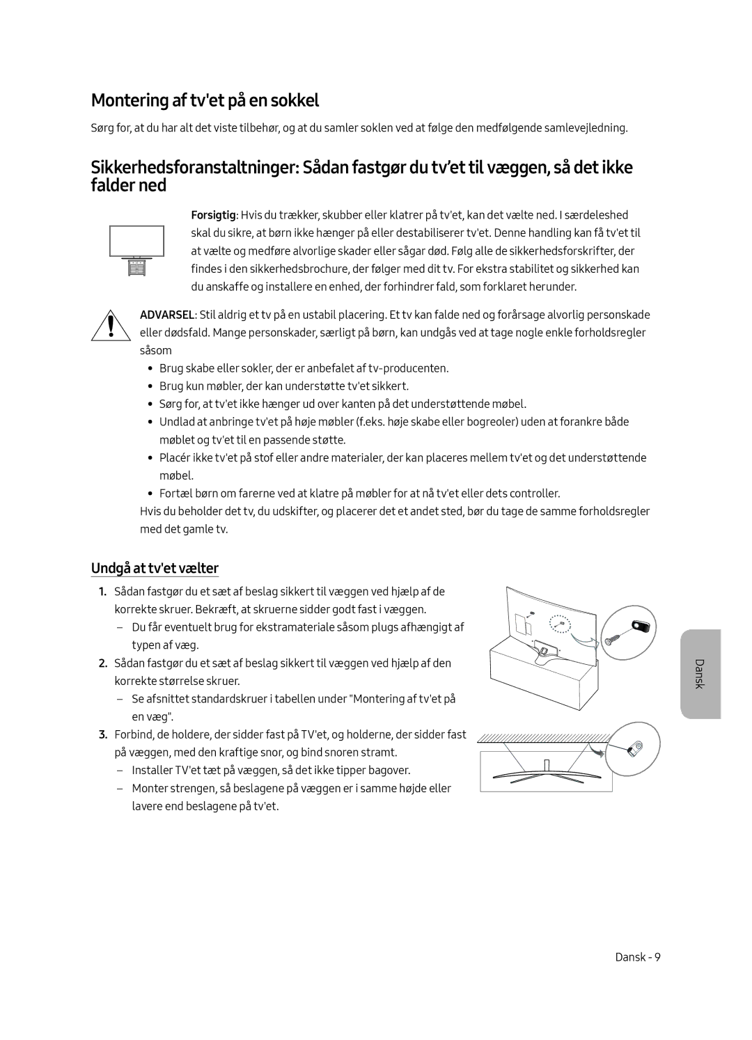 Samsung UE65MU6225KXXC, UE55MU6225KXXC, UE49MU6225KXXC manual Montering af tvet på en sokkel, Undgå at tvet vælter 