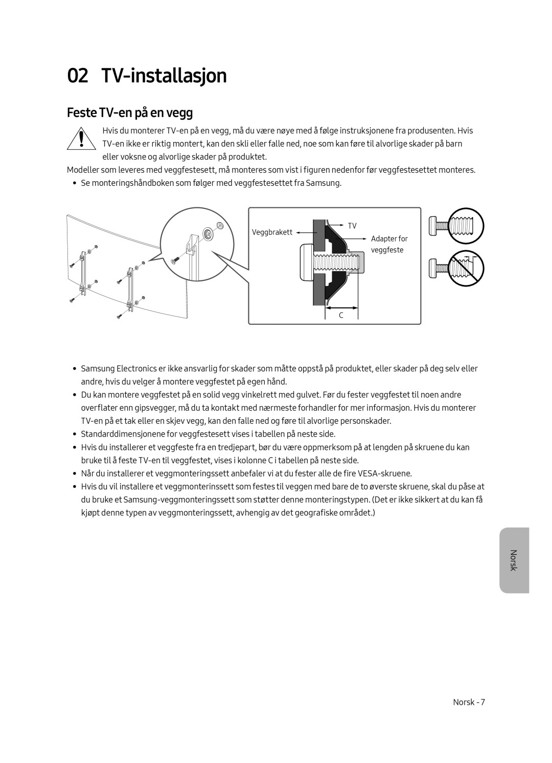 Samsung UE65MU6225KXXC, UE55MU6225KXXC, UE49MU6225KXXC manual TV-installasjon, Feste TV-en på en vegg 