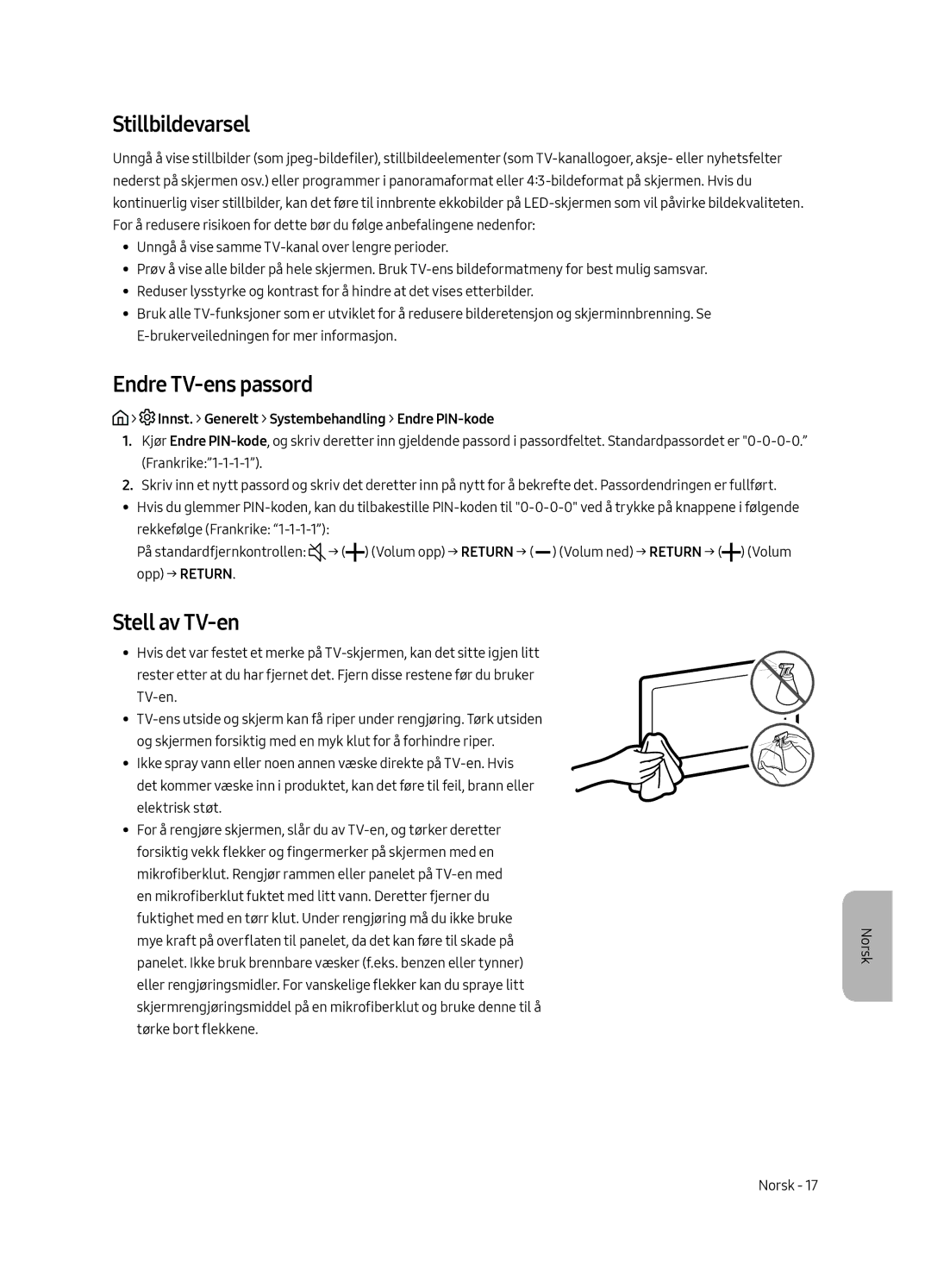 Samsung UE55MU6225KXXC, UE65MU6225KXXC, UE49MU6225KXXC manual Stillbildevarsel, Endre TV-ens passord, Stell av TV-en 