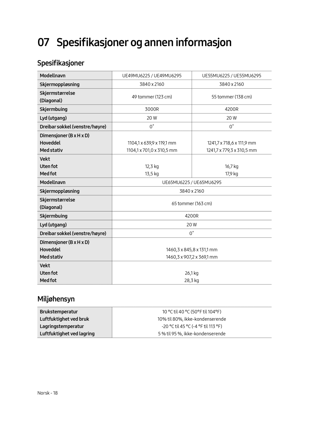 Samsung UE49MU6225KXXC, UE65MU6225KXXC, UE55MU6225KXXC manual Spesifikasjoner og annen informasjon, Miljøhensyn 