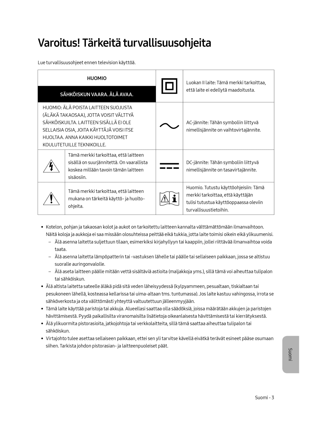 Samsung UE55MU6225KXXC, UE65MU6225KXXC, UE49MU6225KXXC Varoitus! Tärkeitä turvallisuusohjeita, Sähköiskun VAARA. ÄLÄ Avaa 