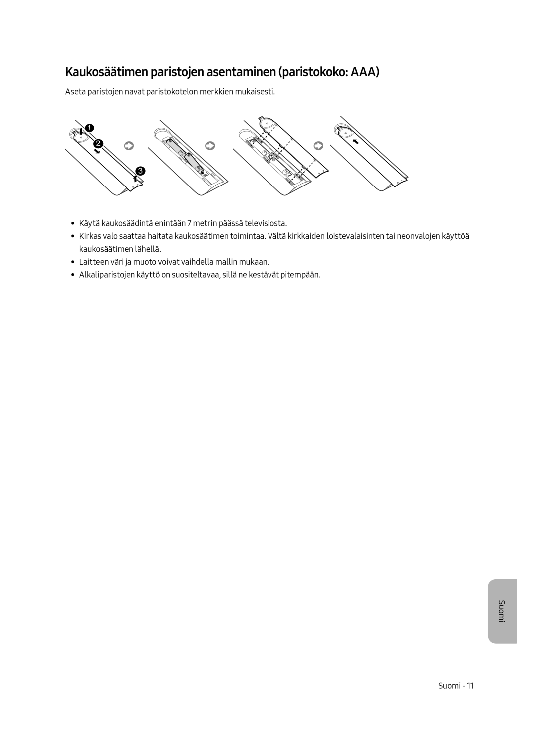 Samsung UE65MU6225KXXC, UE55MU6225KXXC, UE49MU6225KXXC manual Kaukosäätimen paristojen asentaminen paristokoko AAA 