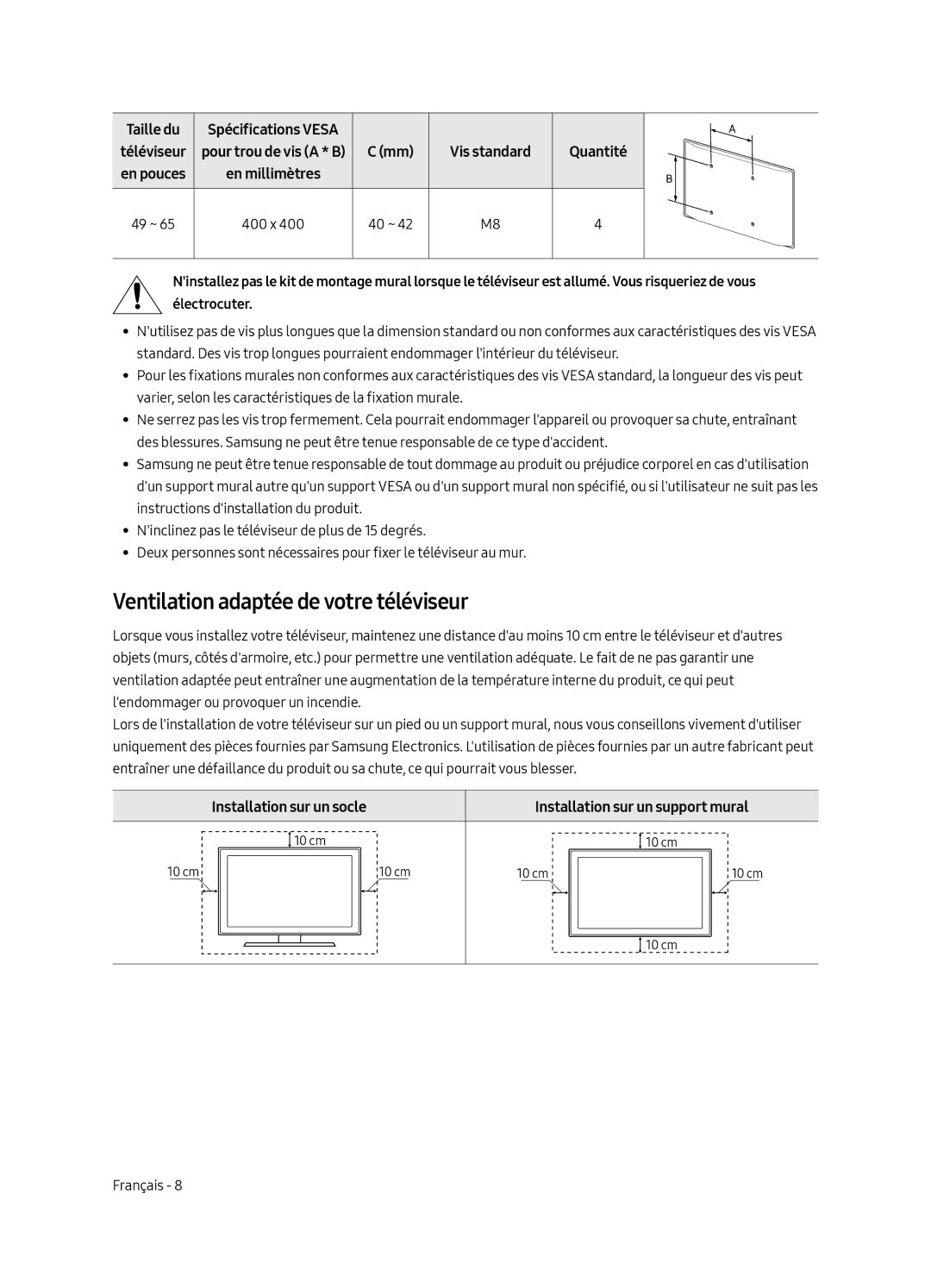 Samsung UE55MU6225KXXC manual Ventilation adaptée de votre téléviseur, Vis standard Quantité, Installation sur un socle 