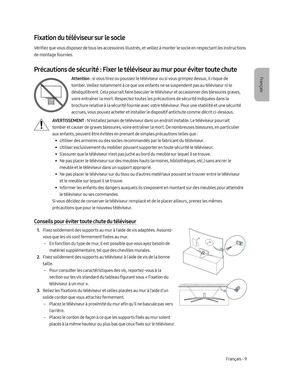 Samsung UE49MU6225KXXC, UE65MU6225KXXC Fixation du téléviseur sur le socle, Conseils pour éviter toute chute du téléviseur 