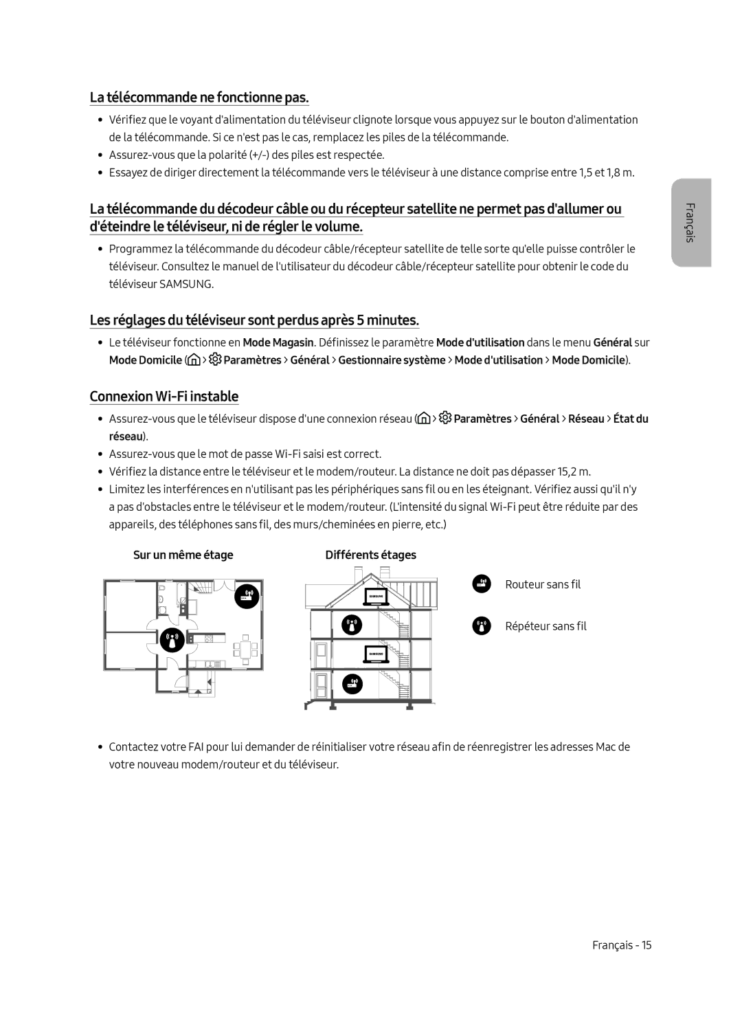 Samsung UE49MU6225KXXC manual La télécommande ne fonctionne pas, Les réglages du téléviseur sont perdus après 5 minutes 