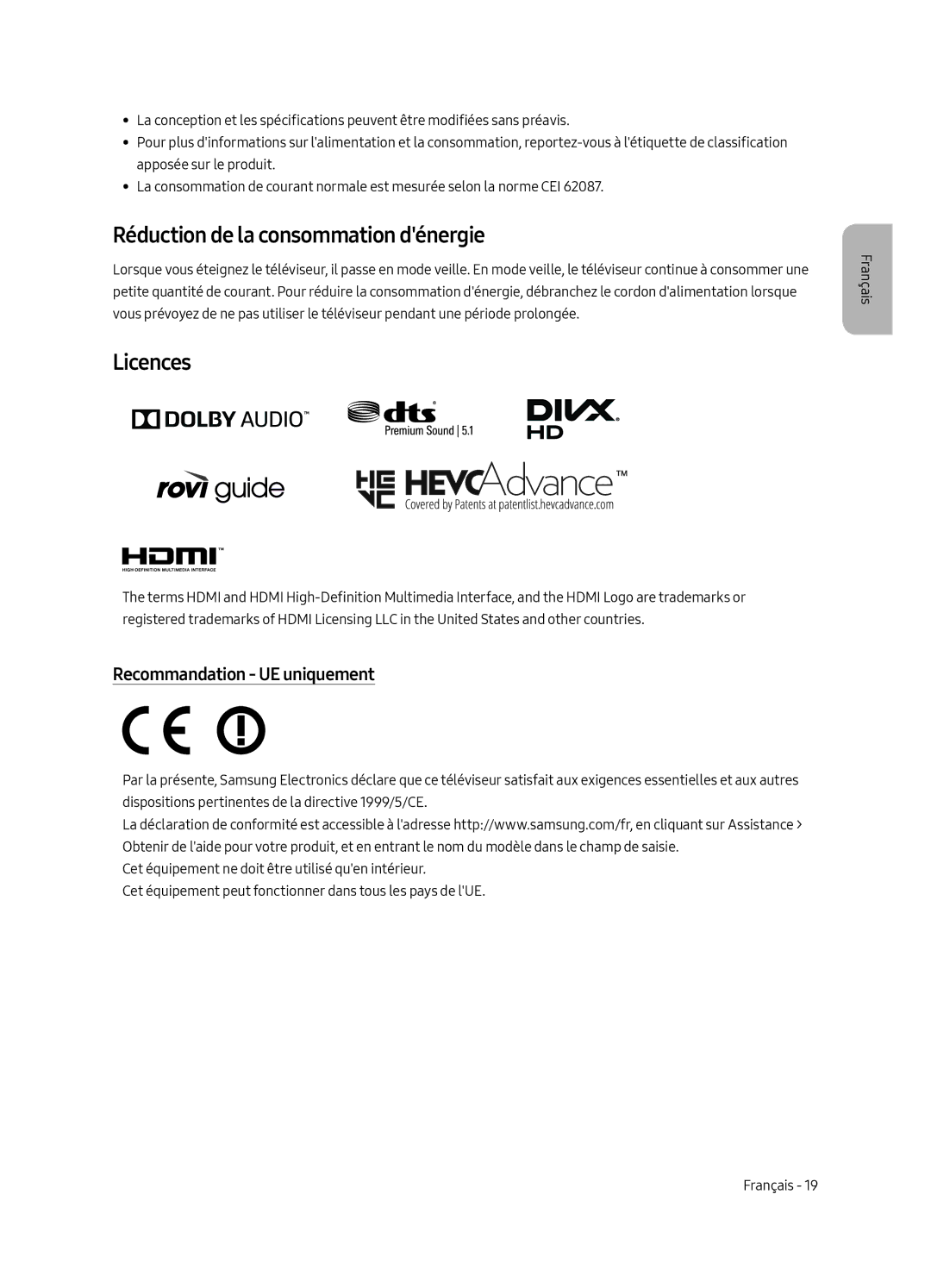 Samsung UE65MU6225KXXC, UE55MU6225KXXC, UE49MU6225KXXC Réduction de la consommation dénergie, Recommandation UE uniquement 