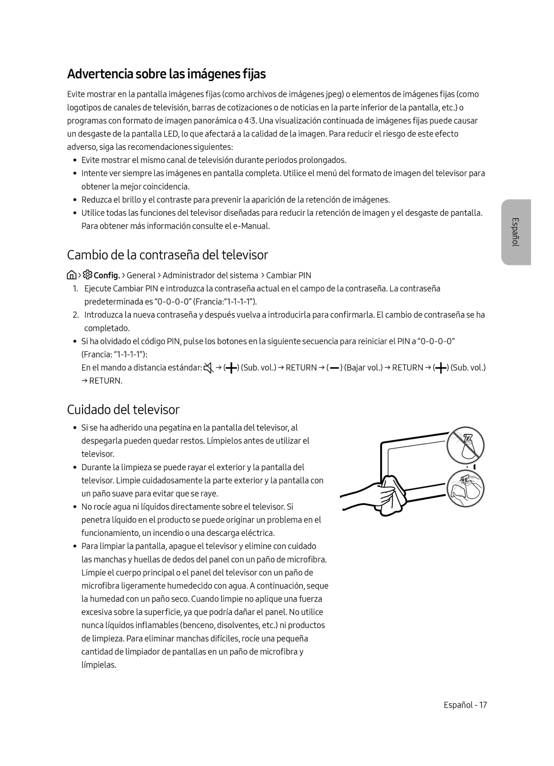 Samsung UE65MU6225KXXC Advertencia sobre las imágenes fijas, Cambio de la contraseña del televisor, Cuidado del televisor 