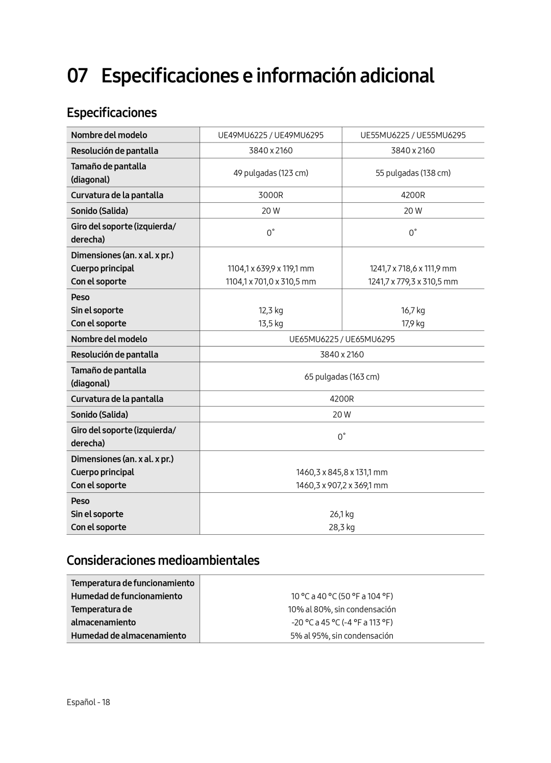 Samsung UE55MU6225KXXC, UE65MU6225KXXC manual Especificaciones e información adicional, Consideraciones medioambientales 