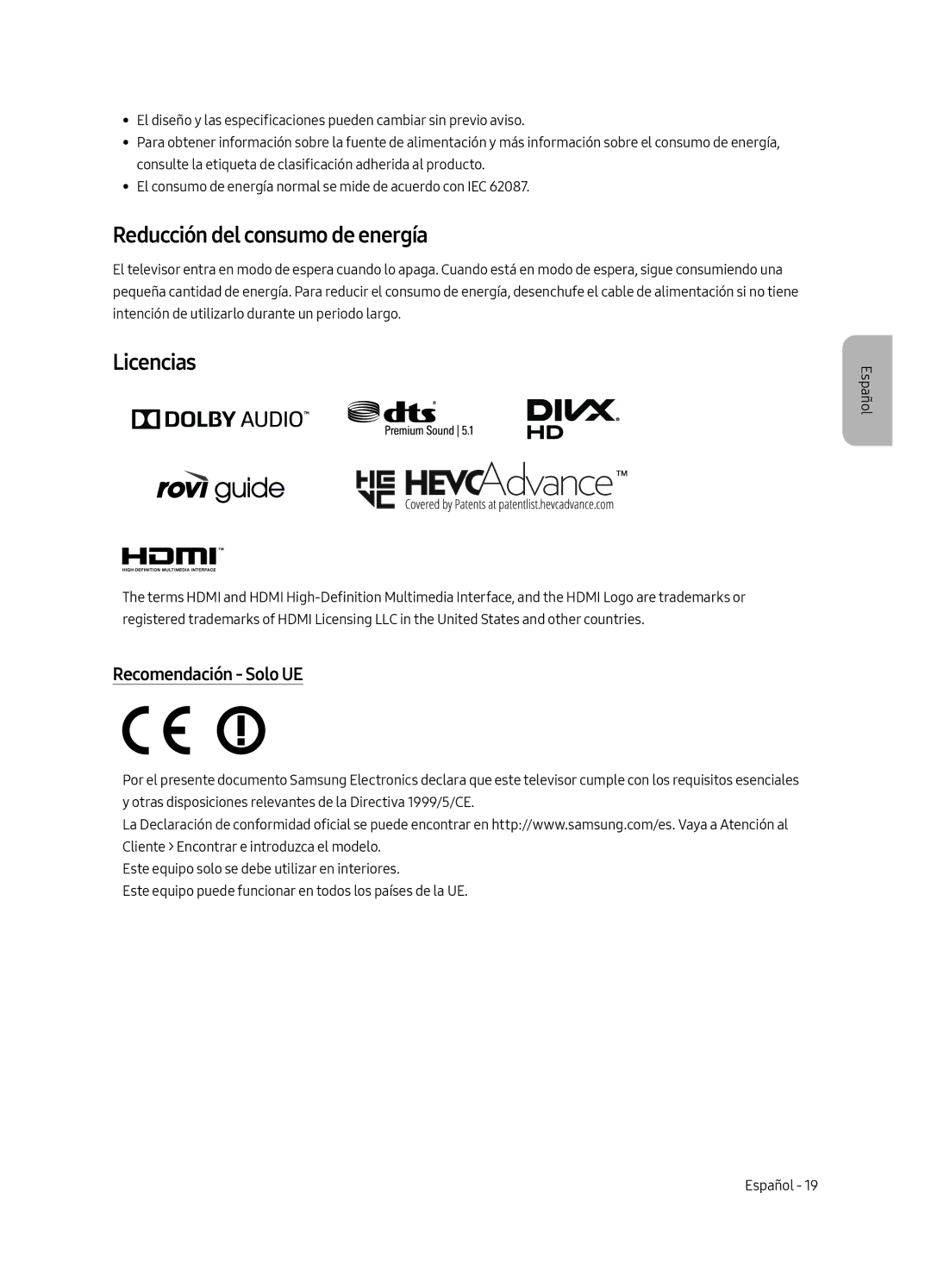 Samsung UE49MU6225KXXC, UE65MU6225KXXC, UE55MU6225KXXC Reducción del consumo de energía, Licencias, Recomendación Solo UE 