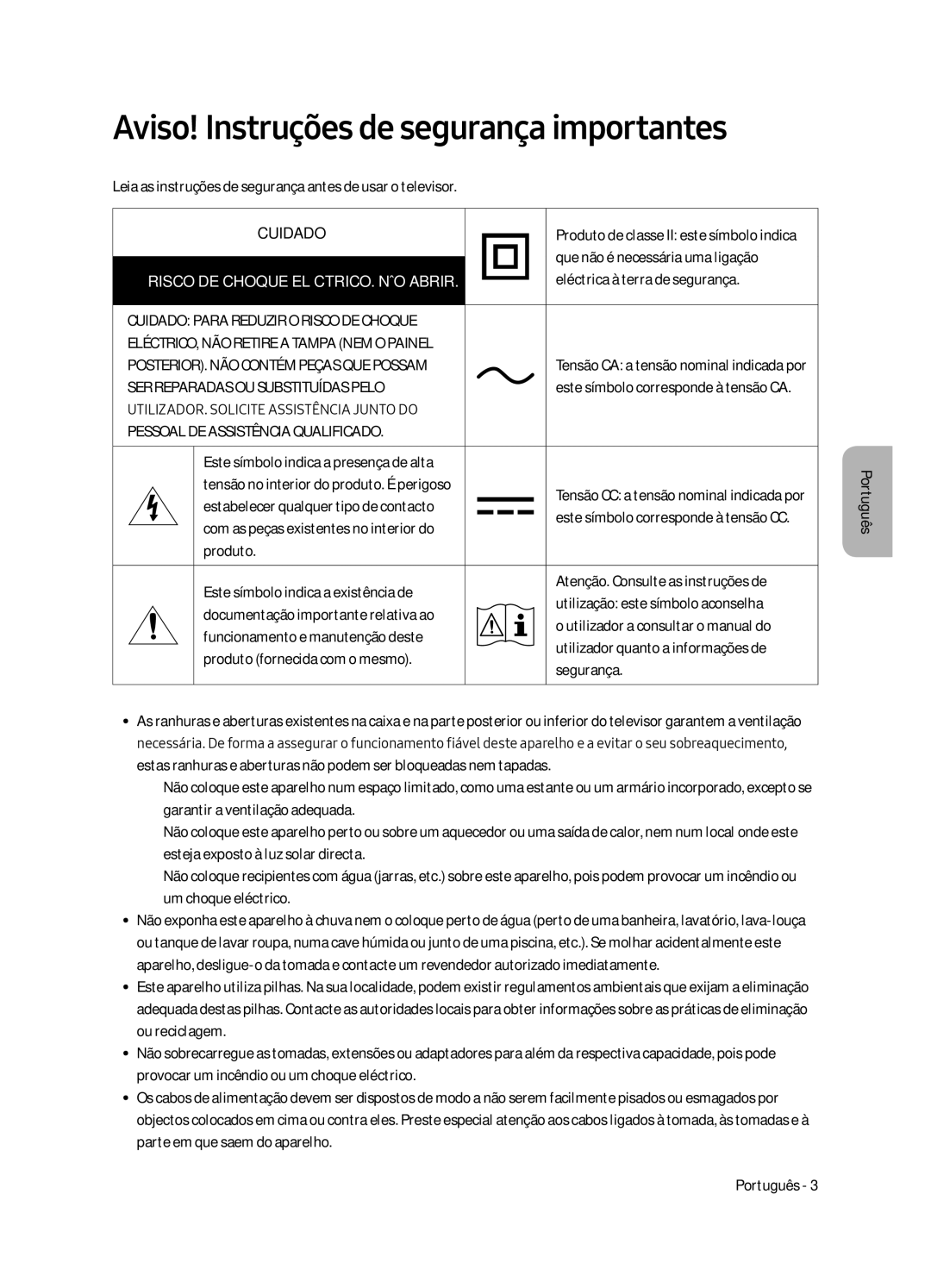 Samsung UE65MU6225KXXC, UE55MU6225KXXC Aviso! Instruções de segurança importantes, Risco DE Choque ELÉCTRICO. NÃO Abrir 