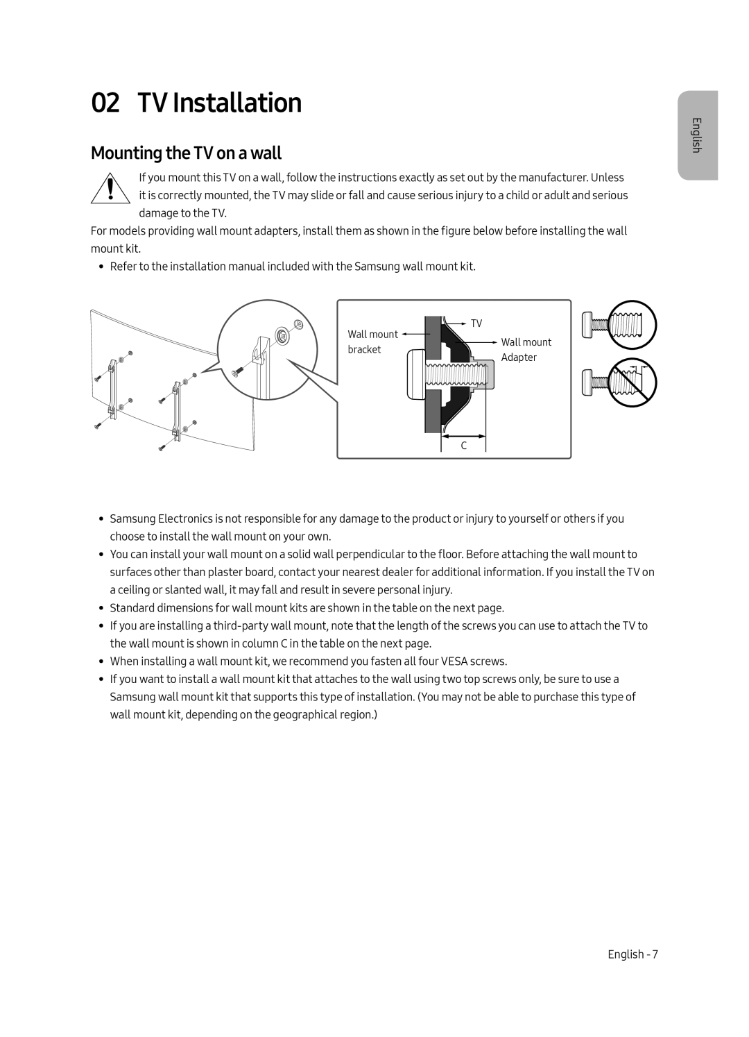 Samsung UE55MU6225KXXC, UE65MU6225KXXC, UE49MU6225KXXC manual TV Installation, Mounting the TV on a wall 