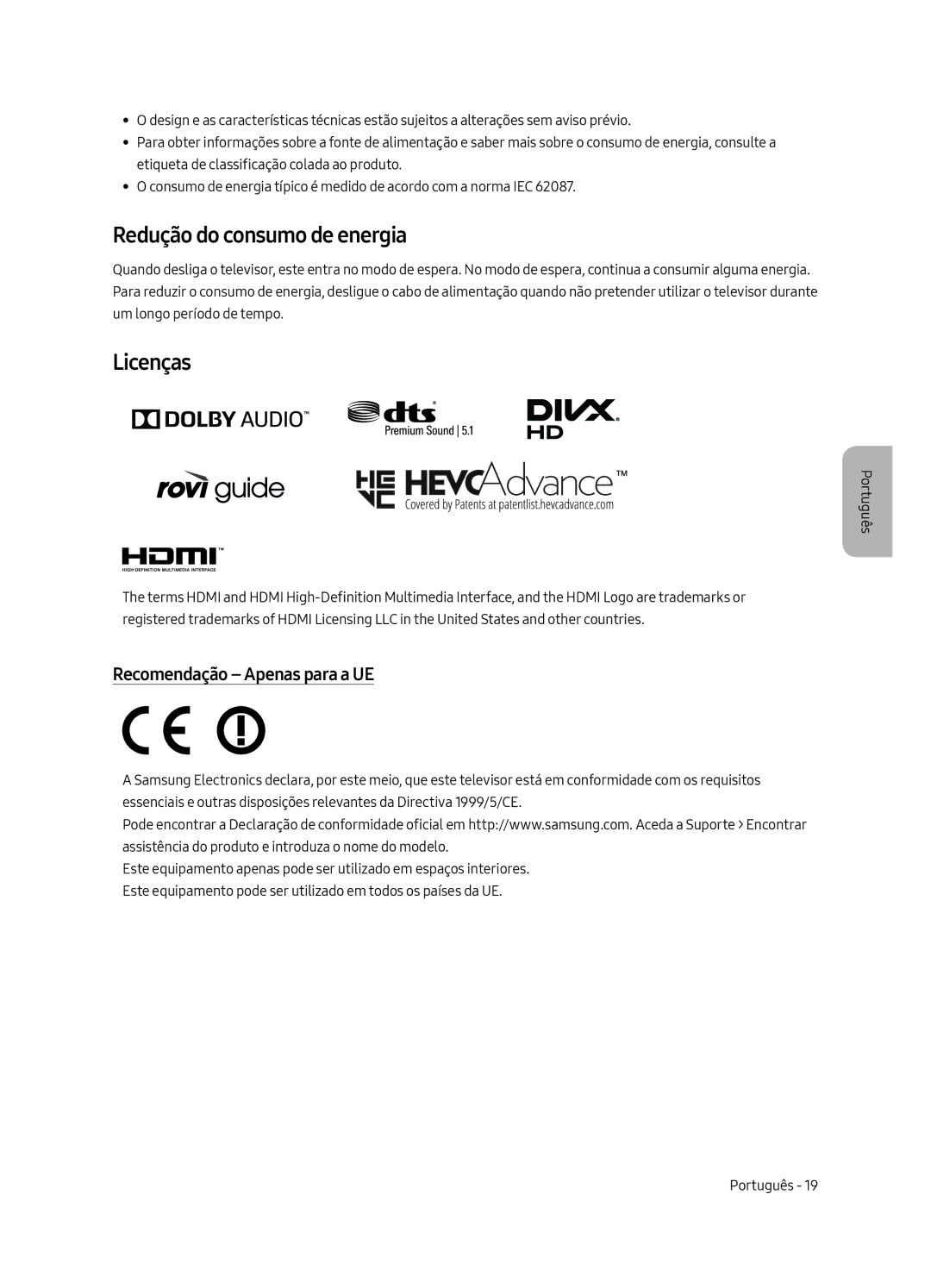 Samsung UE55MU6225KXXC, UE65MU6225KXXC manual Redução do consumo de energia, Licenças, Recomendação Apenas para a UE 