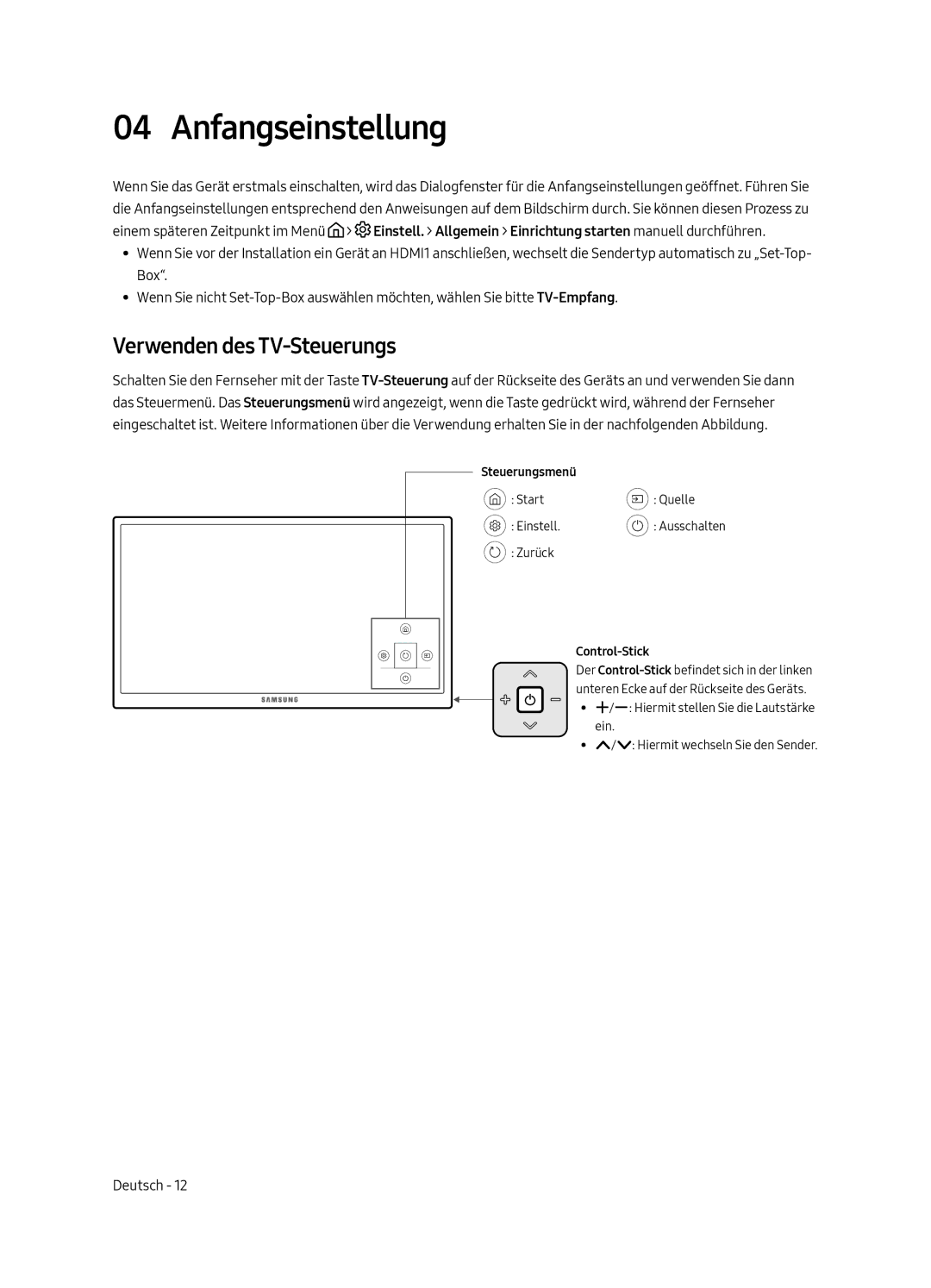 Samsung UE49MU6225KXXC, UE65MU6225KXXC, UE55MU6225KXXC manual Anfangseinstellung, Verwenden des TV-Steuerungs 
