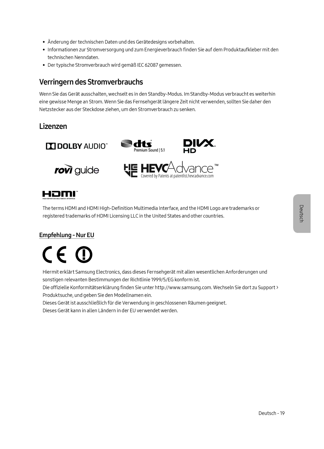 Samsung UE65MU6225KXXC, UE55MU6225KXXC, UE49MU6225KXXC manual Verringern des Stromverbrauchs, Lizenzen, Empfehlung Nur EU 