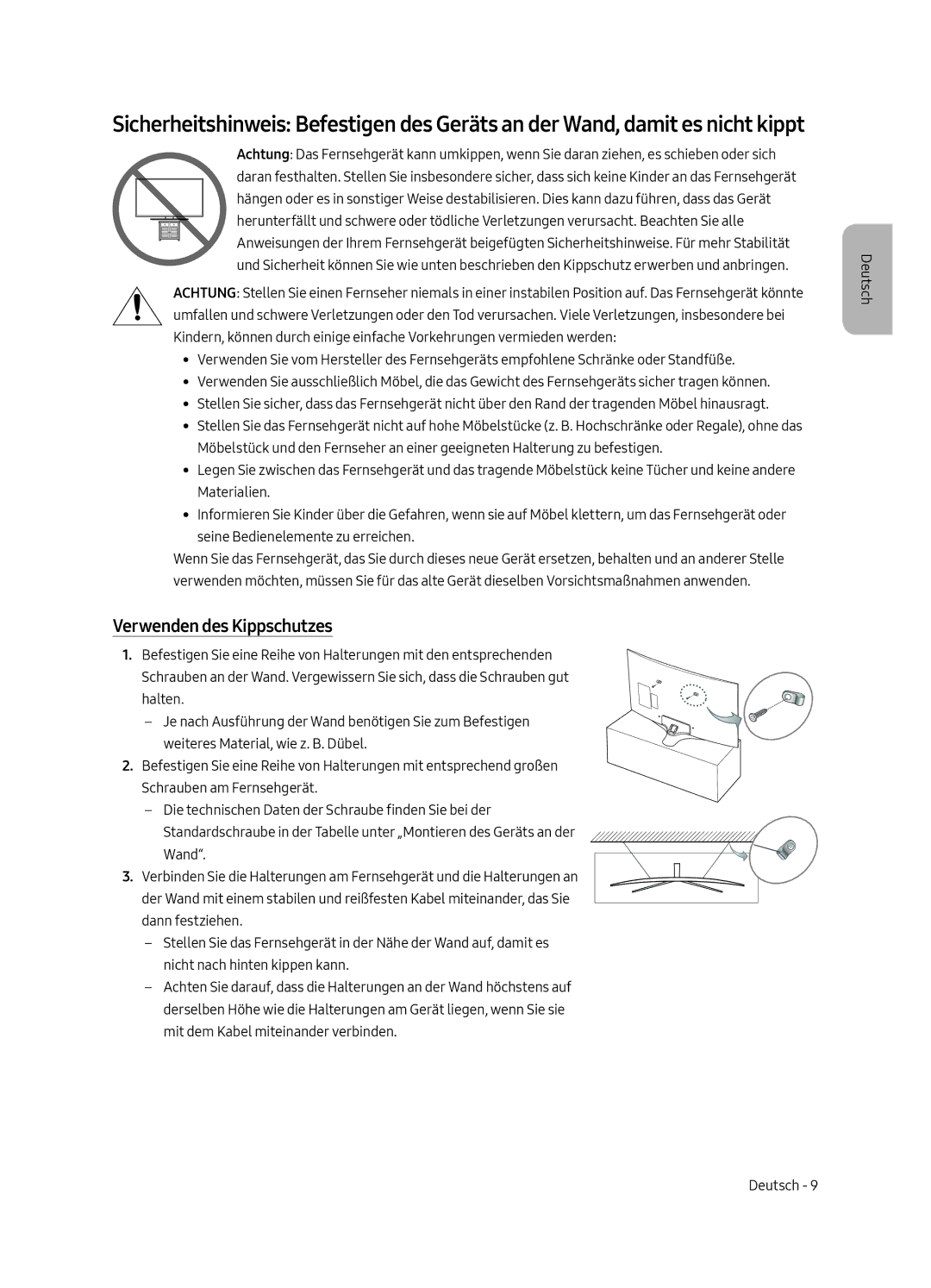 Samsung UE55MU6270UXZG, UE65MU6279UXZG, UE55MU6279UXZG, UE49MU6279UXZG, UE65MU6270UXZG manual Verwenden des Kippschutzes 